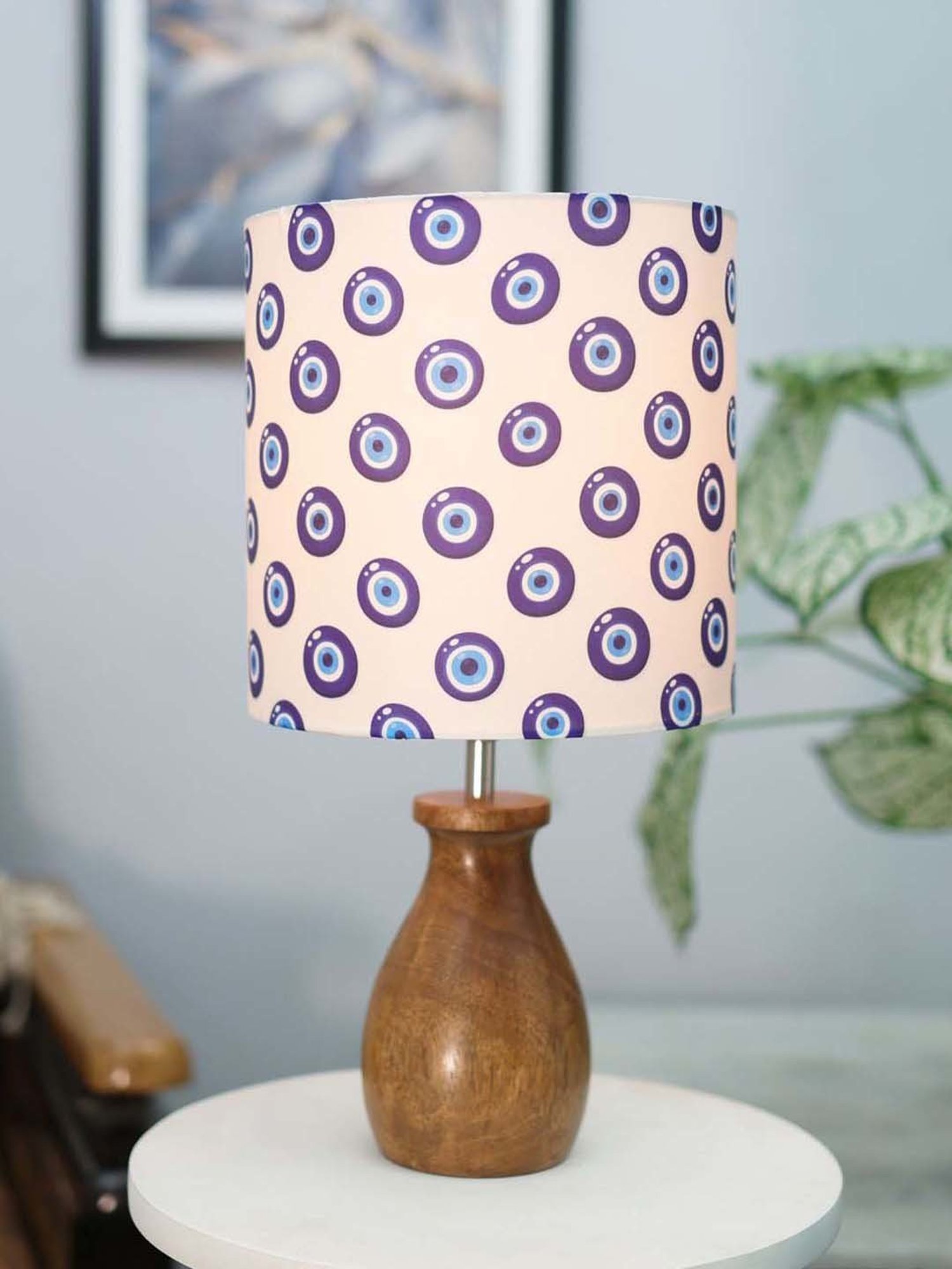 Homesake Turkish Evil Eye Multicolor Wood Dovel Pot Table Lamp with Fabric Lampshade