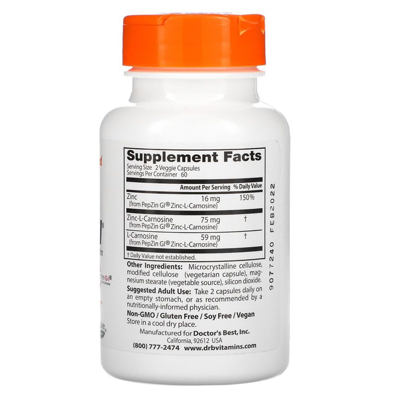 Doctor's Best PepZin GI, Zinc-L-Carnosine Complex, 120 Veggie Caps, Mineral Supplements