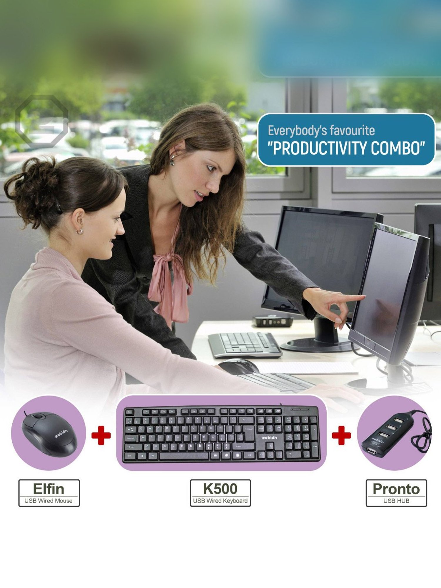Zebion K500 Keyboard and Elfin Mouse Combo Set with Pronto 101 USB HUB (Black)