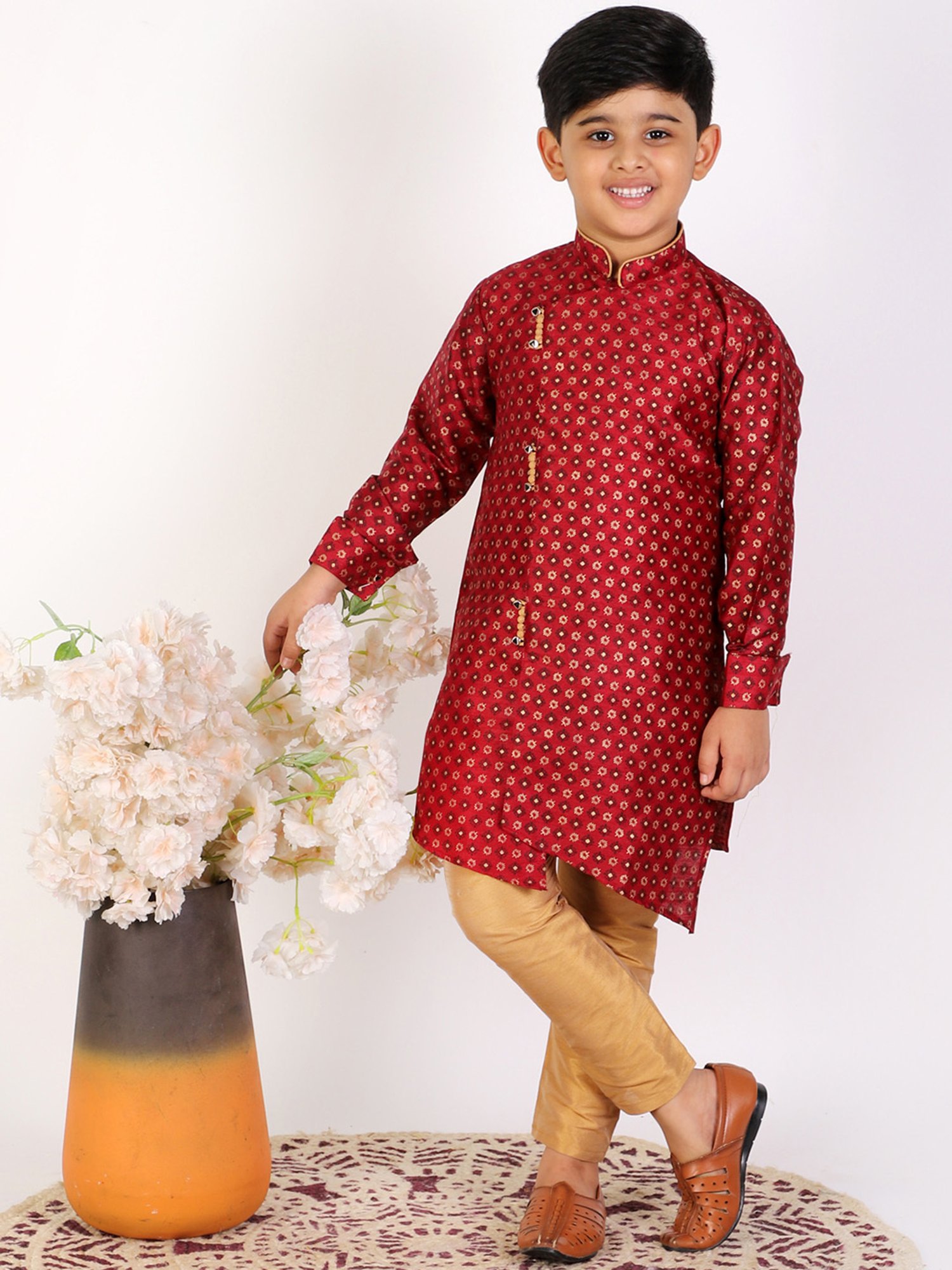Pro-Ethic Style Developer Kids Red & Beige Printed Full Sleeves Kurta with Pyjamas