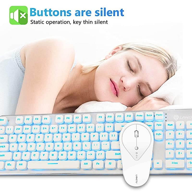 Wireless Keyboard and Mouse Combo Water Resistance 24G GreenBlue Backlit and Wireless Soundless Mouse with Nano USB Receiver for Laptop PC Mac White