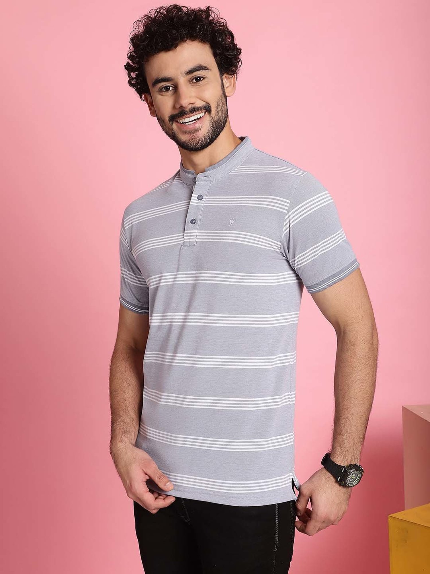 Venitian- Forbidden Clothing Grey Slim Fit Striped Crew T-Shirt