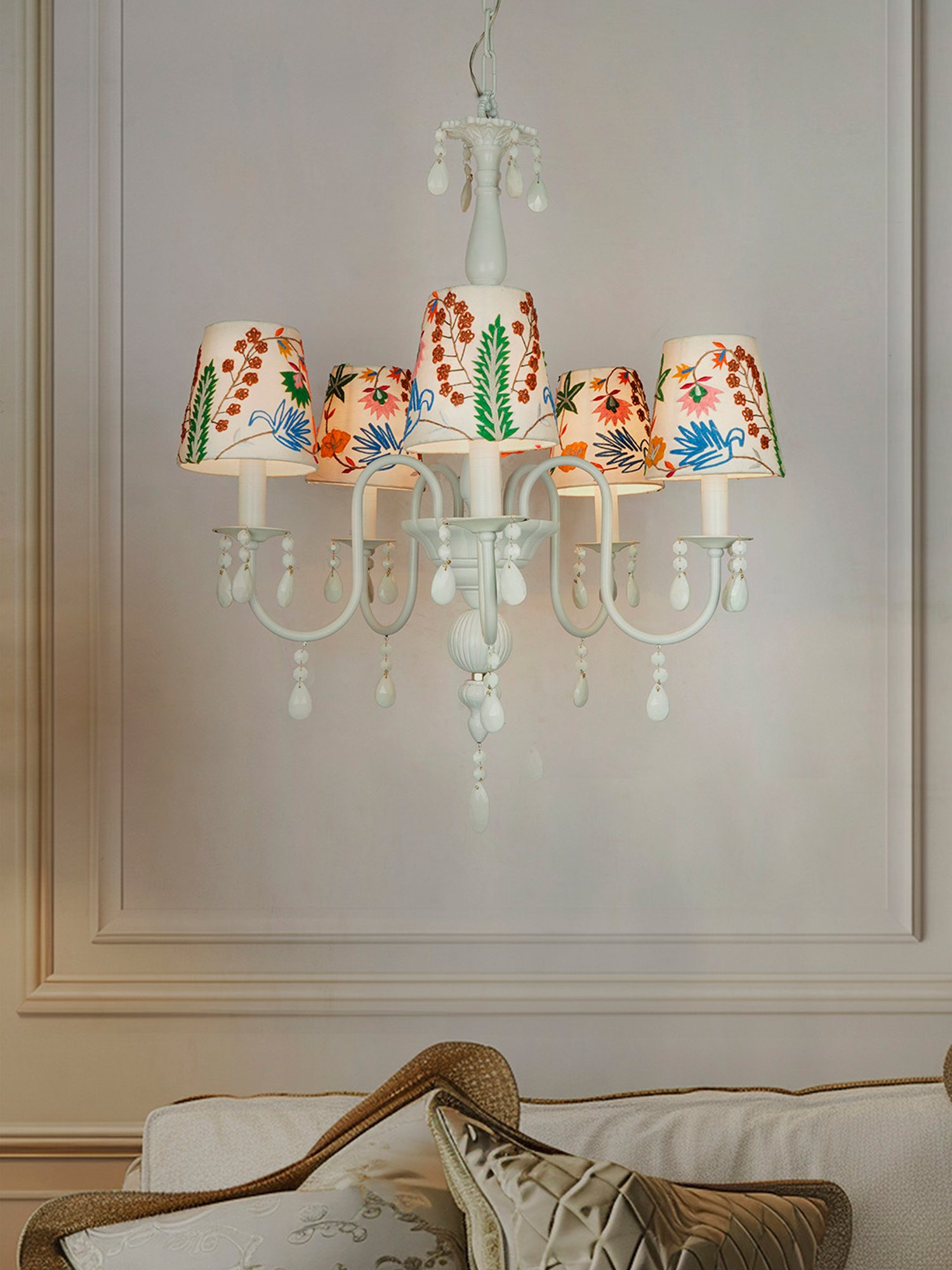 FOS LIGHTING Sparkling Blooms White Mild Steel 5 Light Chandelier with Embroidered Florals