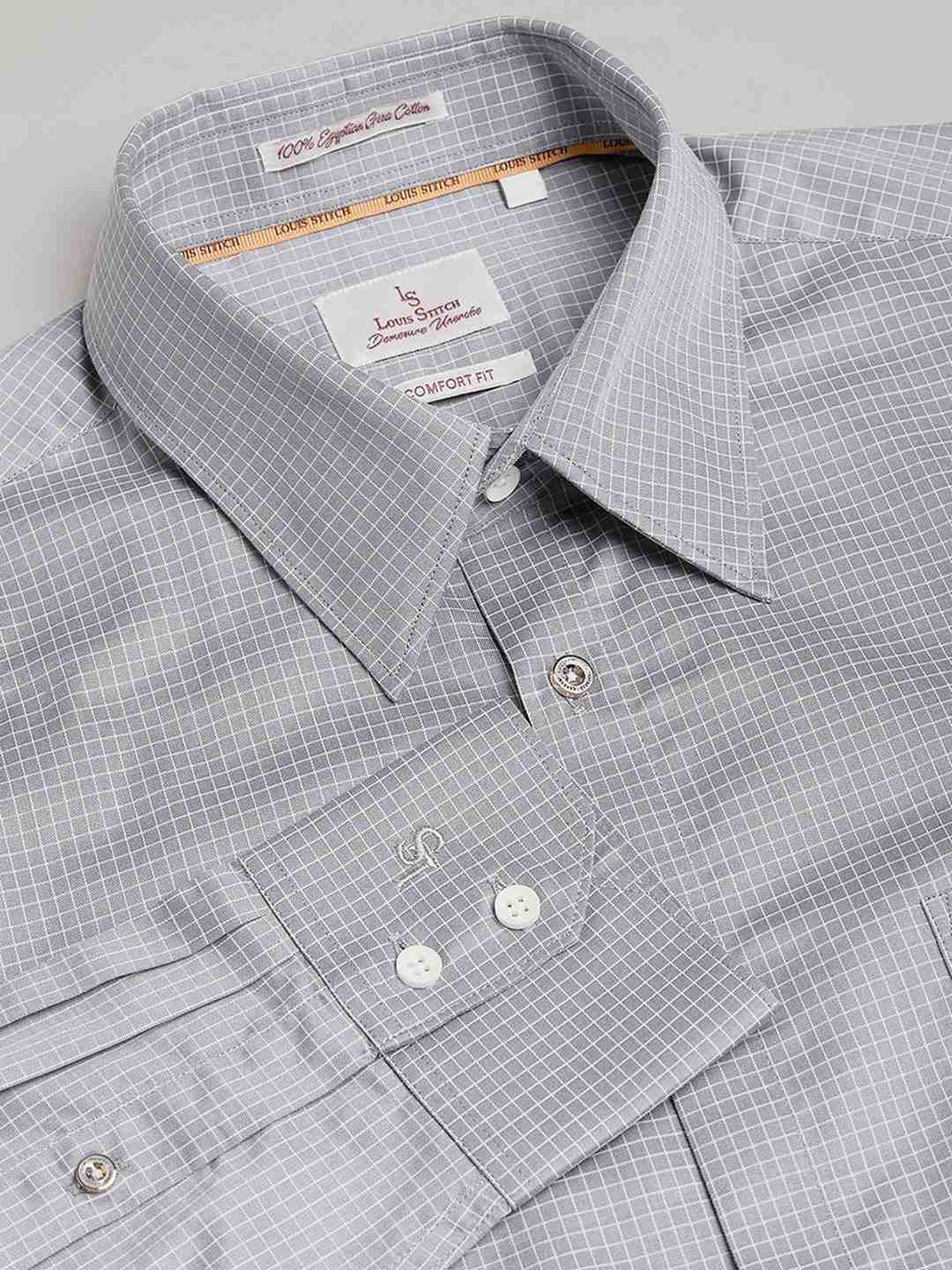 Louis Stitch Grey Cotton Regular Fit Checks Shirt