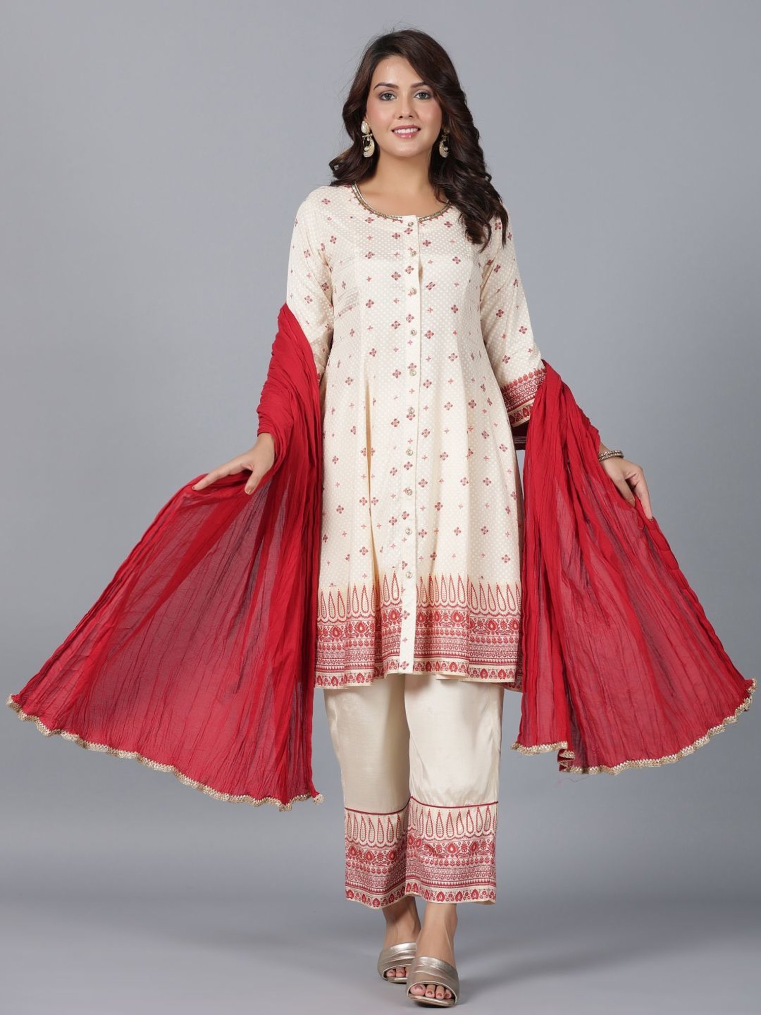 Juniper Beige Ethnic Motif Print Viscose Shantoon Kurta,Pants & Dupatta Set With Beads & Sequins