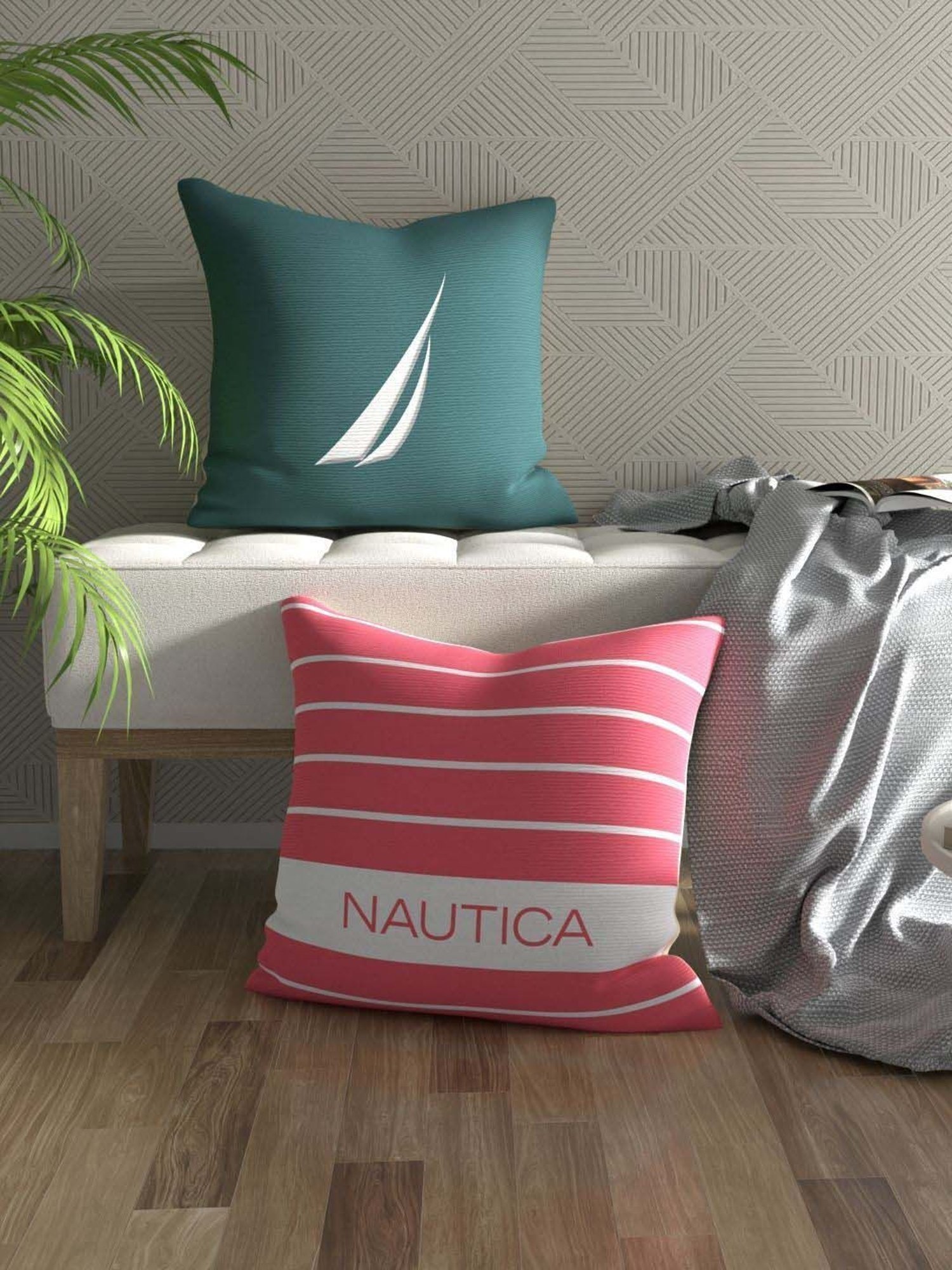 Nautica Logo Stripe Forest Green & Coral Microfibre 300 GSM Premium Cushion Covers - Set of 2