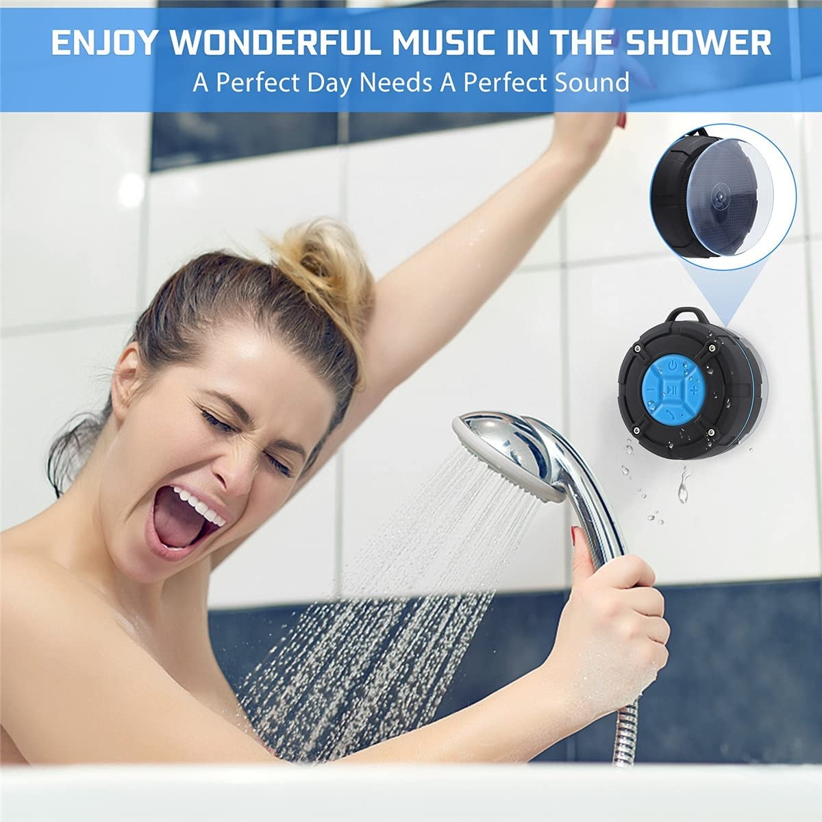 Shower Speaker Bluetooth Waterproof IPX7 Portable Wireless Water-Resistant Speaker Suction Cup & Hook, Built-in Mic, Speakerphone Bathroom Outdoor Beach Travel Hiking Bike Home Party - (Blue)