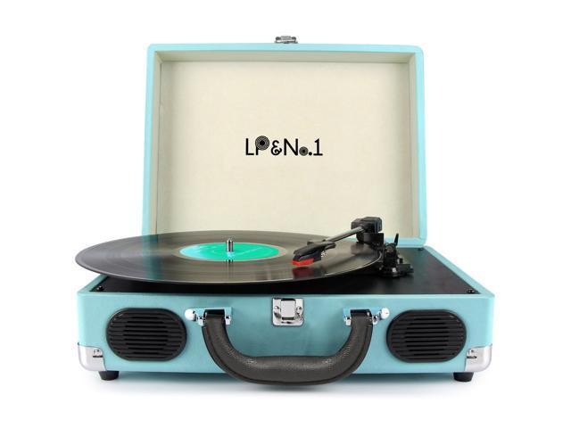 LP&No.1 Portable Suitcase Turntable with Stereo Speaker,3 Speeds Belt-Drive Vinyl Record Player Blue