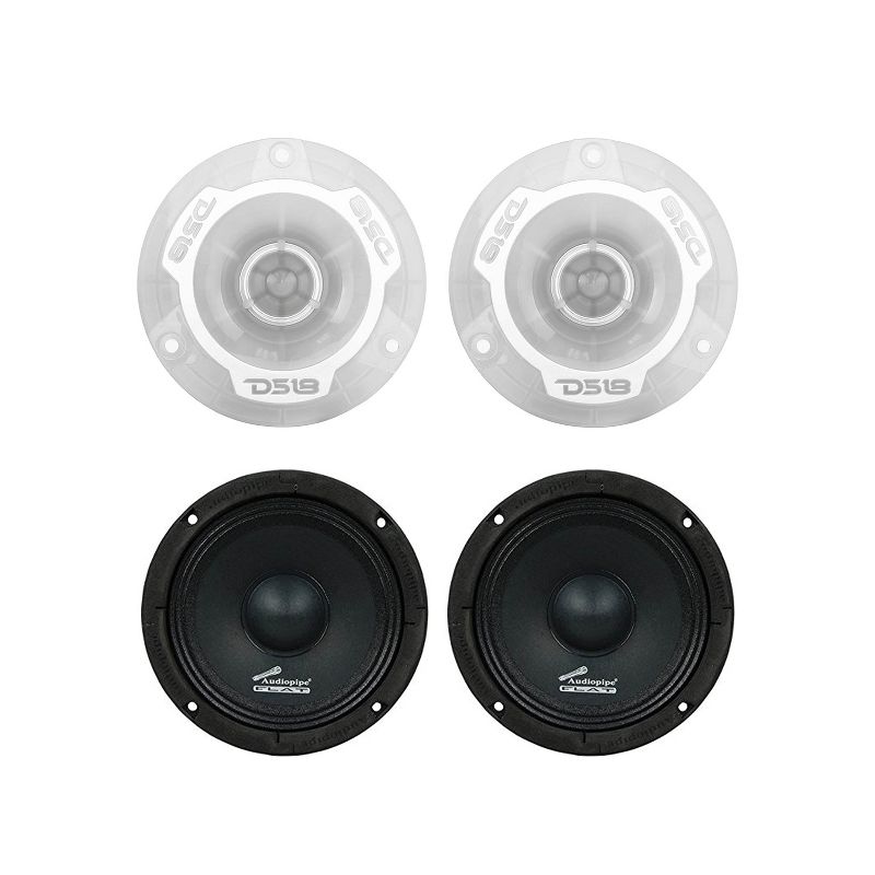 DS18 PRO TW1L 1 Pair of 1 Inch 240 Watt 4 Ohm Aluminum LED Lit Super Bullet Tweeters with a 2-Pack set of Audiopipe APMB-65FLT 6.5 Inch Speakers