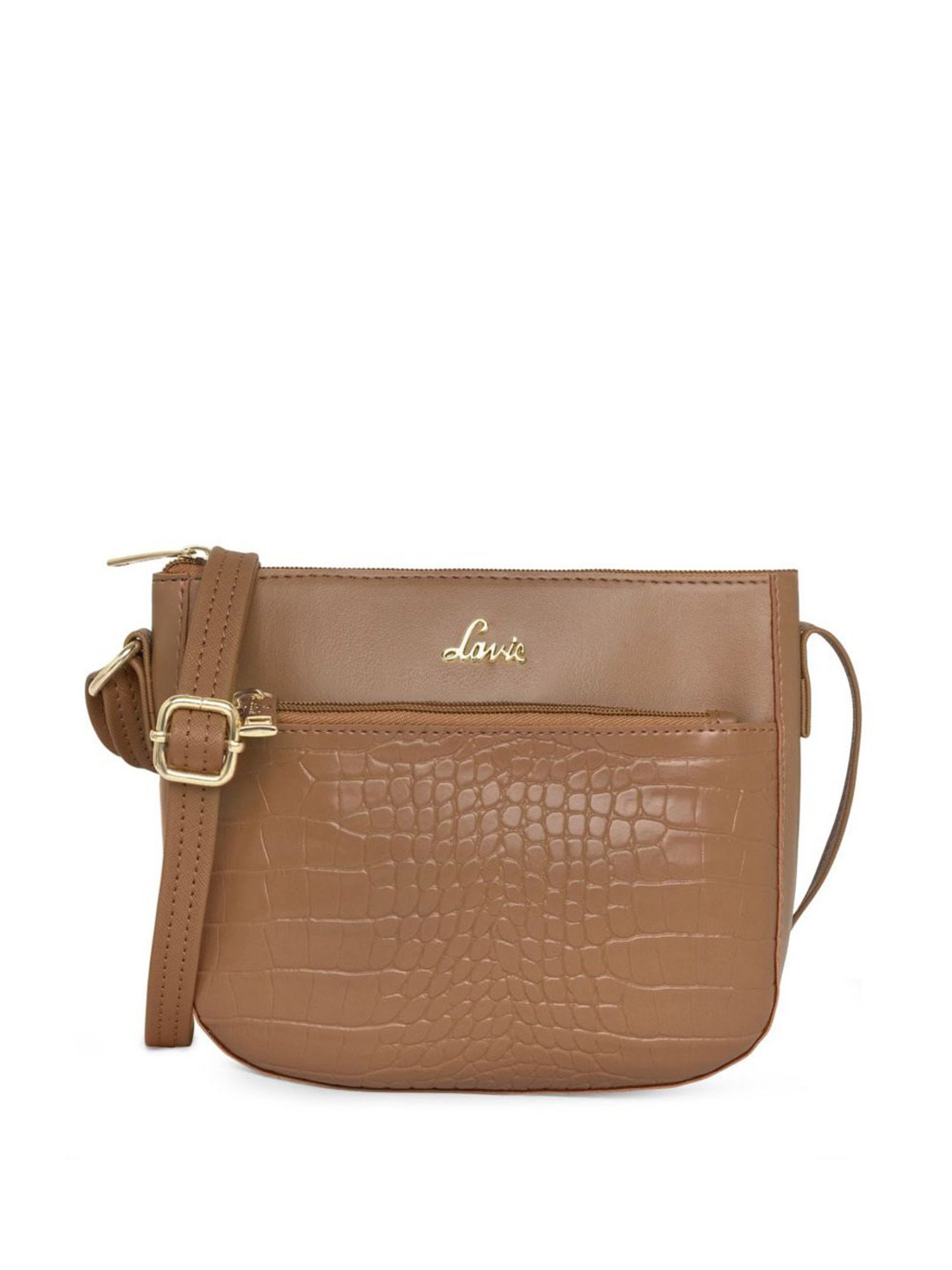 Lavie Croc Saddle Tan Synthetic Textured Sling Handbag