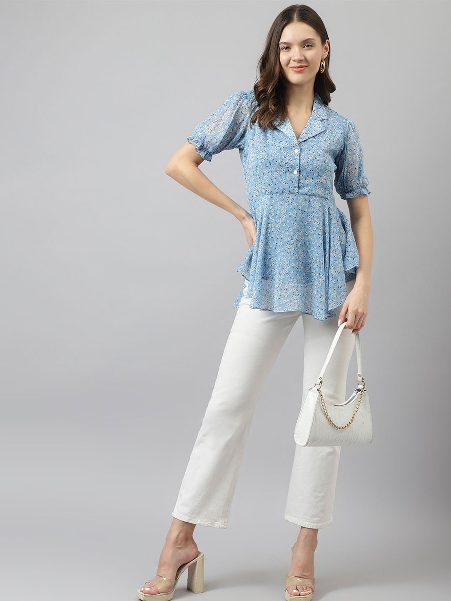 KERI PERRY Light Blue Floral Print Top