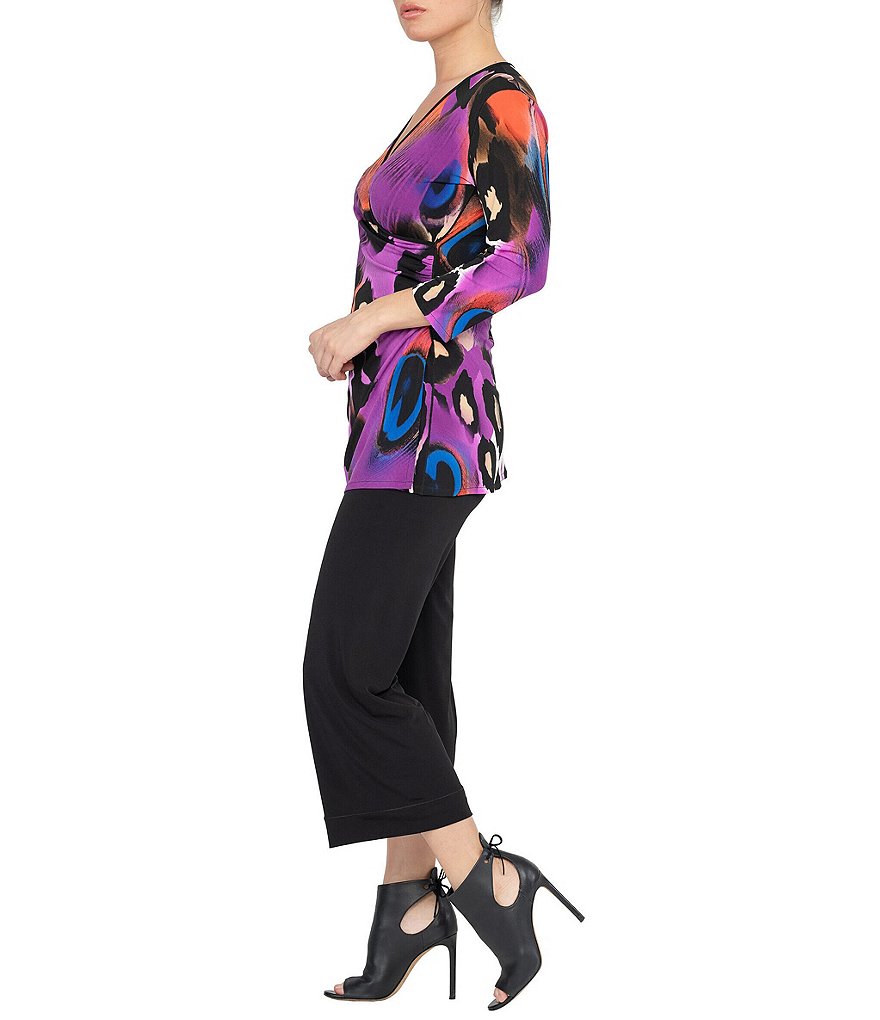 Eva Varro Animal Print Knit Jersey Faux-Wrap V-Neck 3/4 Sleeve Blouse