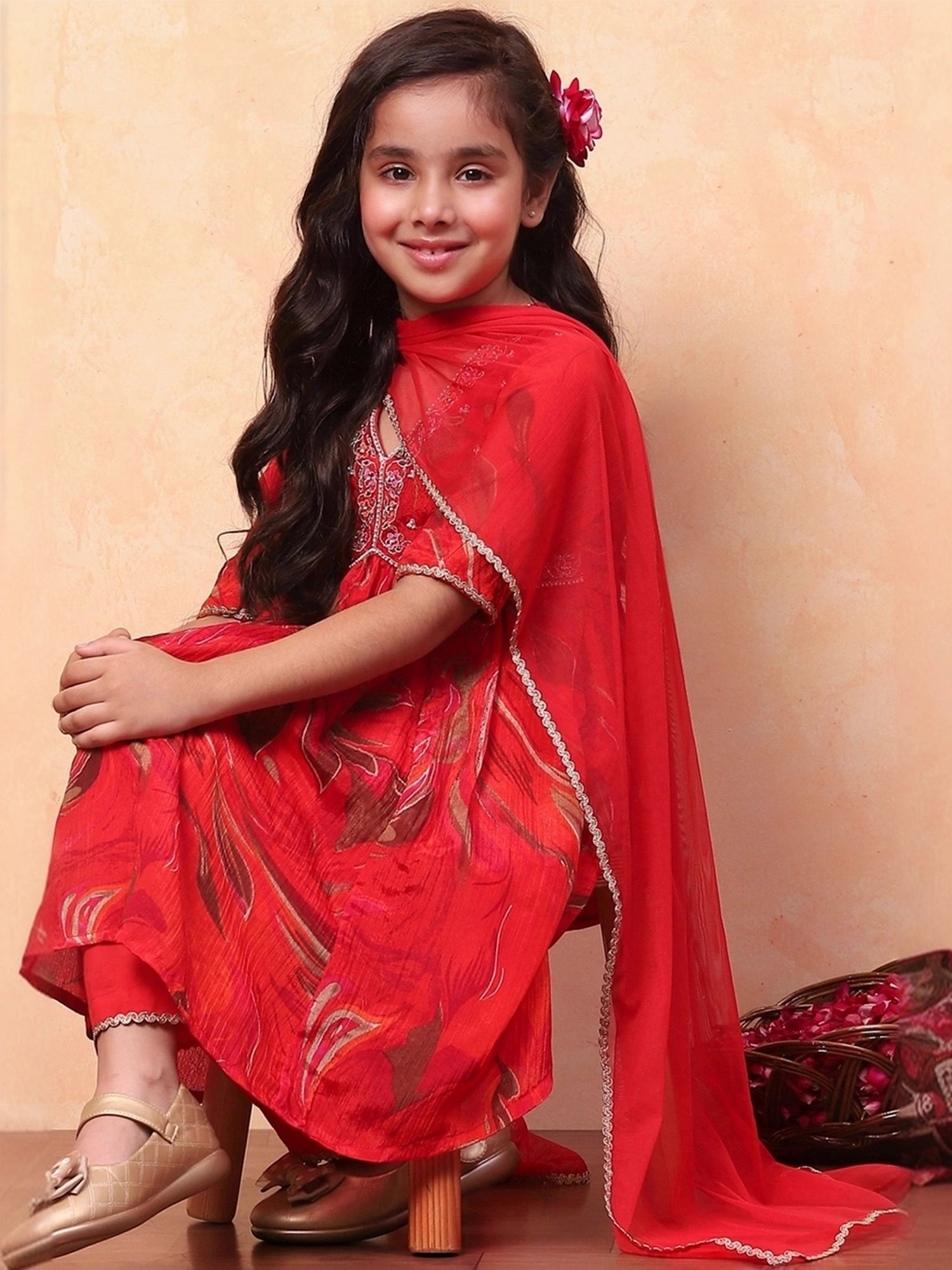 Biba Girls Red Printed Kurta set