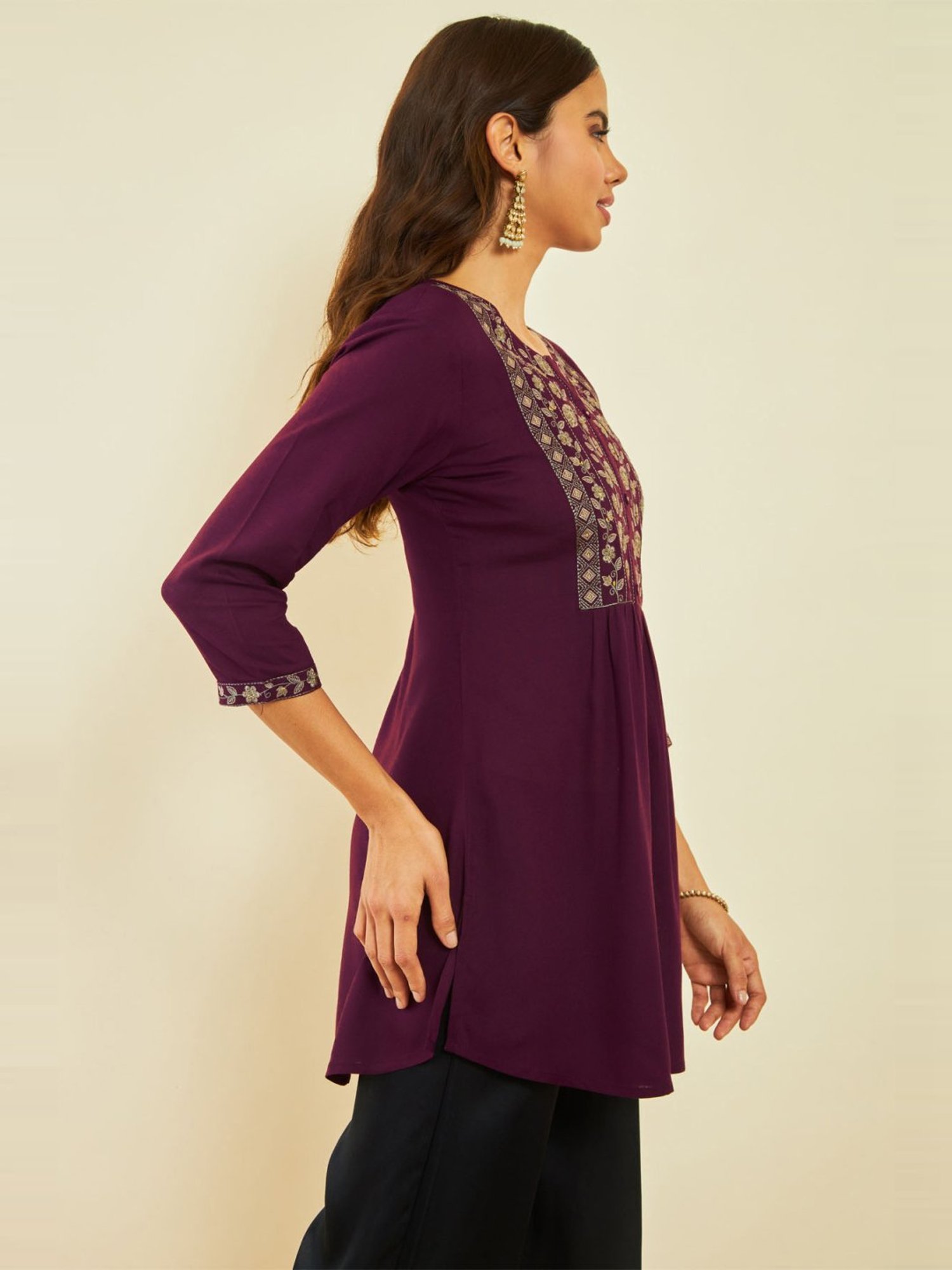Soch Wine Rayon Floral Embroidered Round-Neck Tunic with Vented Hemline