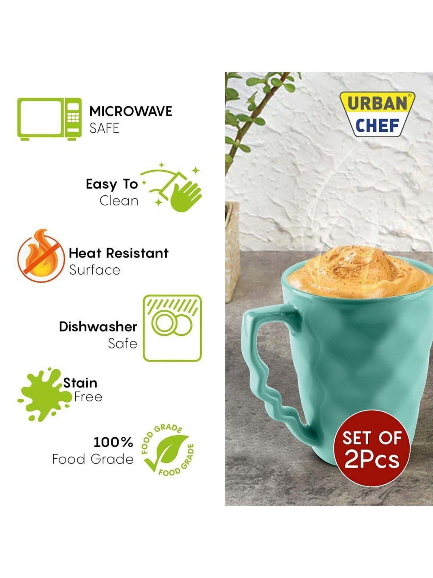 Urban Chef Blue Ceramic Prism Microwave Safe Coffee Mug With Handle (0.225 L) - Set of 2