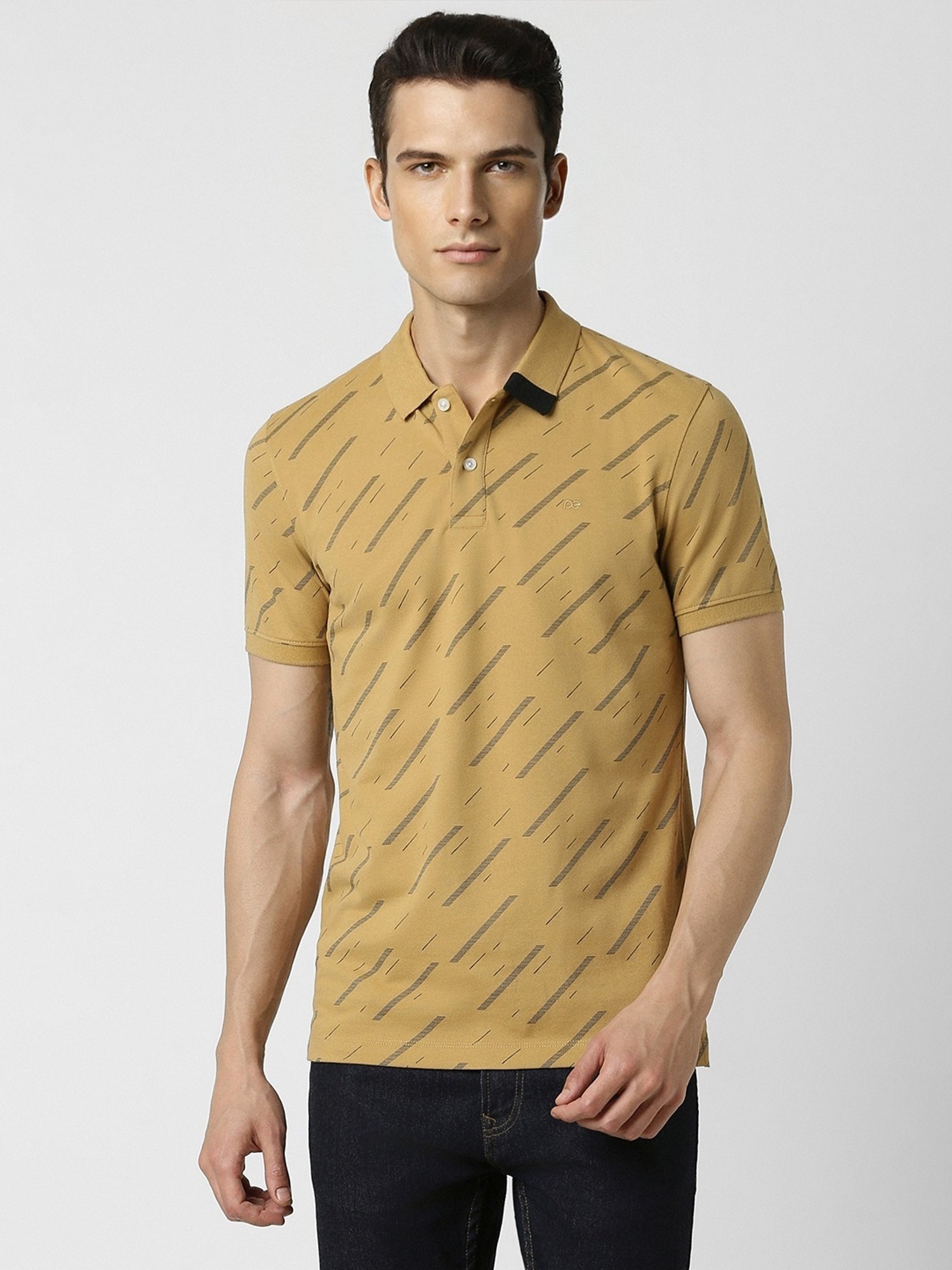Peter England Yellow Cotton Slim Fit Printed Polo T-Shirt