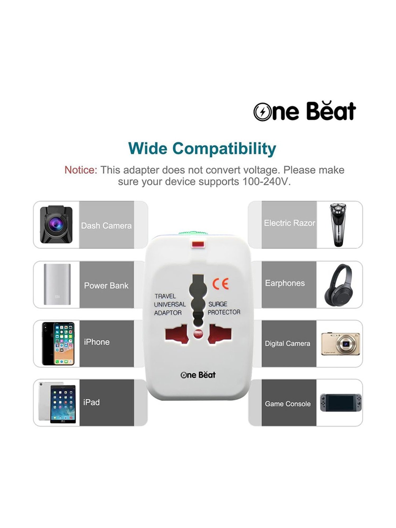 One Beat Universal Travel Adapter 100V-240V Plug (White)