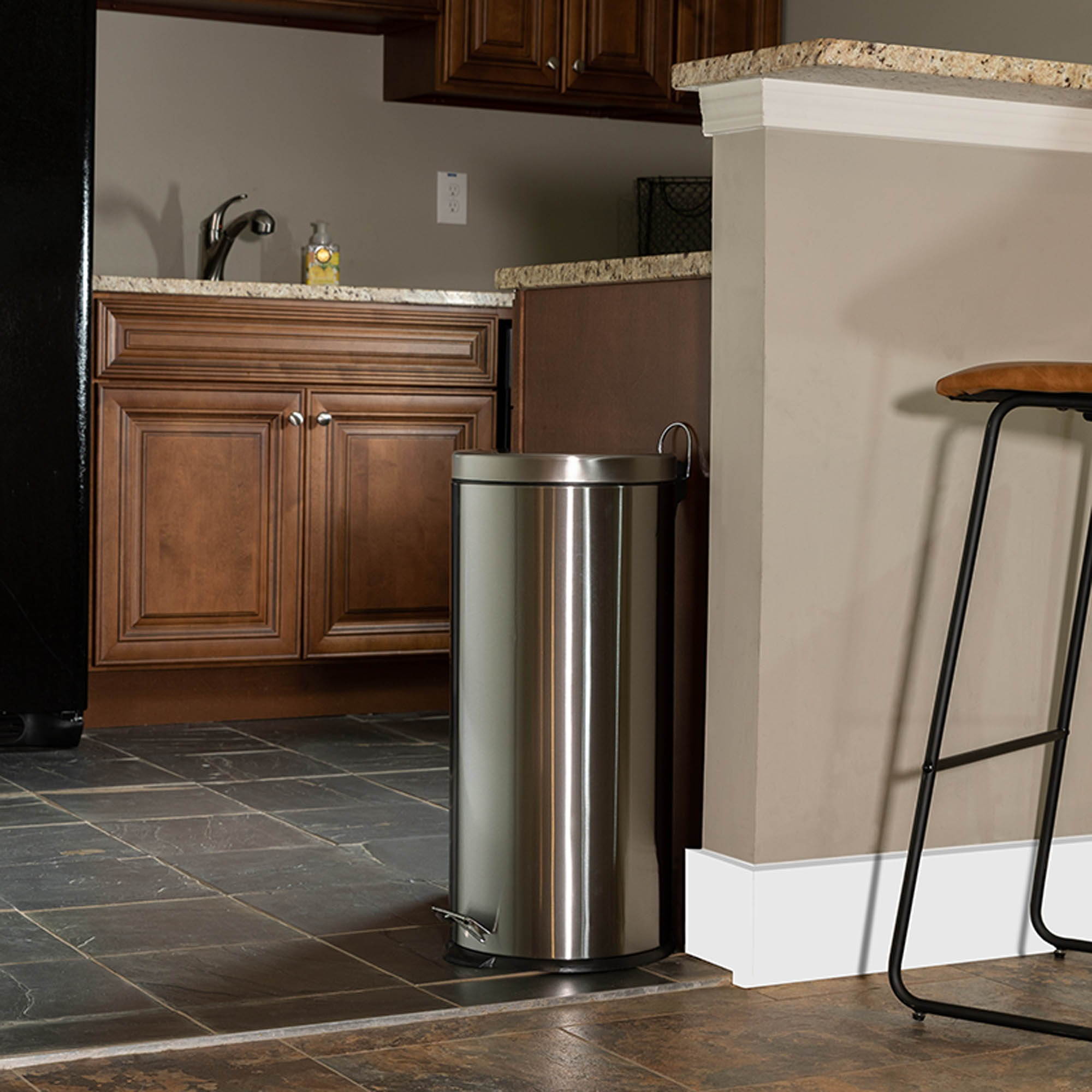 Offex 30"L Modern Stainless Steel Fingerprint Resistant Finish Compact Round Step Trash Can with Soft Close Lid and Removable Liner - 7.9 Gallons