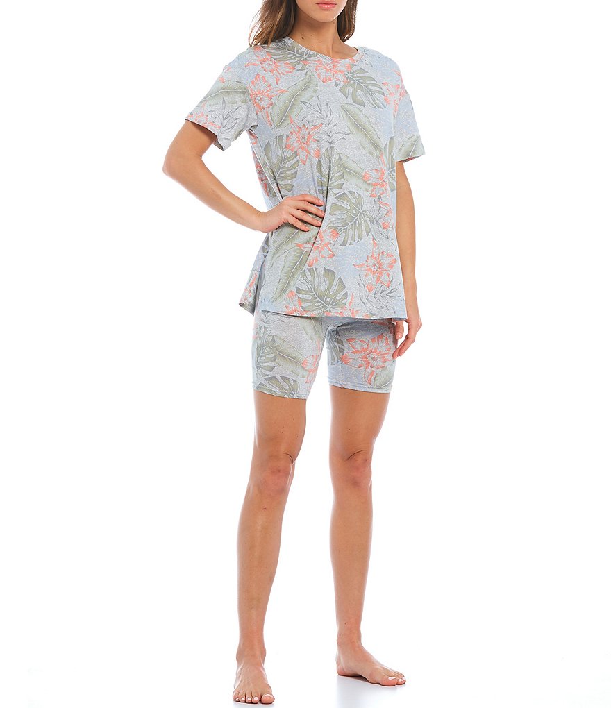 Jasmine & Ginger Tropical Print Round Neck Short Sleeve Coordinating Knit Sleep Tee