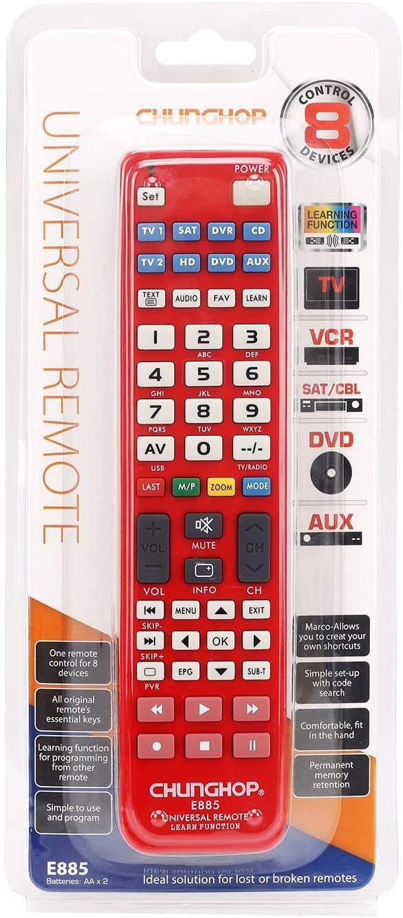 CHUNGHOP Universal IR Learning Remote Control for Smart TV SAT DVD AUX CD VCR DVR 8 in 1 E885 Multifunctional Controller