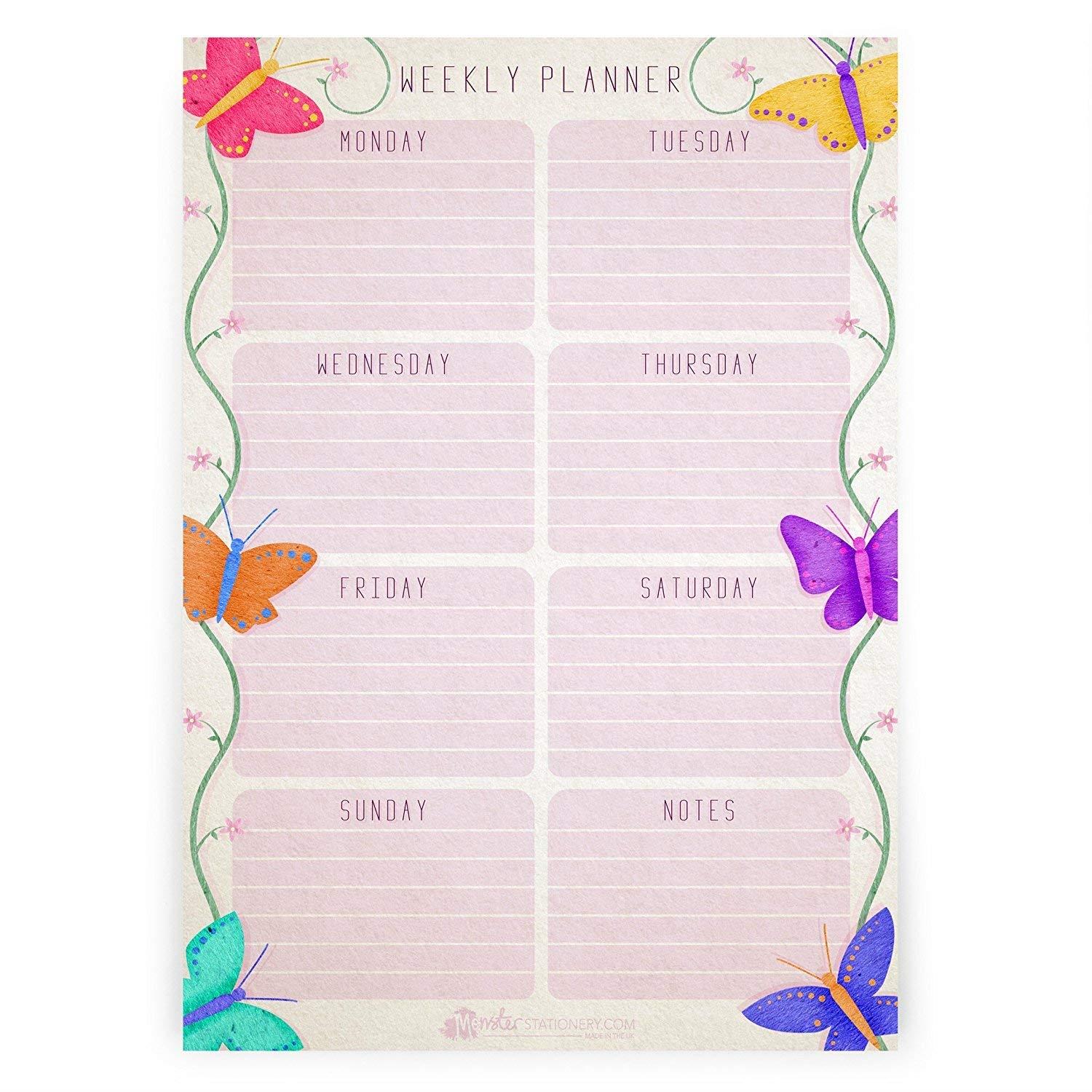 Monster Stationery - "Butterfly Design" A4 Weekly Planner / Things To Do Today / Daily To Do List / Desk Schedule Planner - 60 Sheets - 80gsm - Made in UK