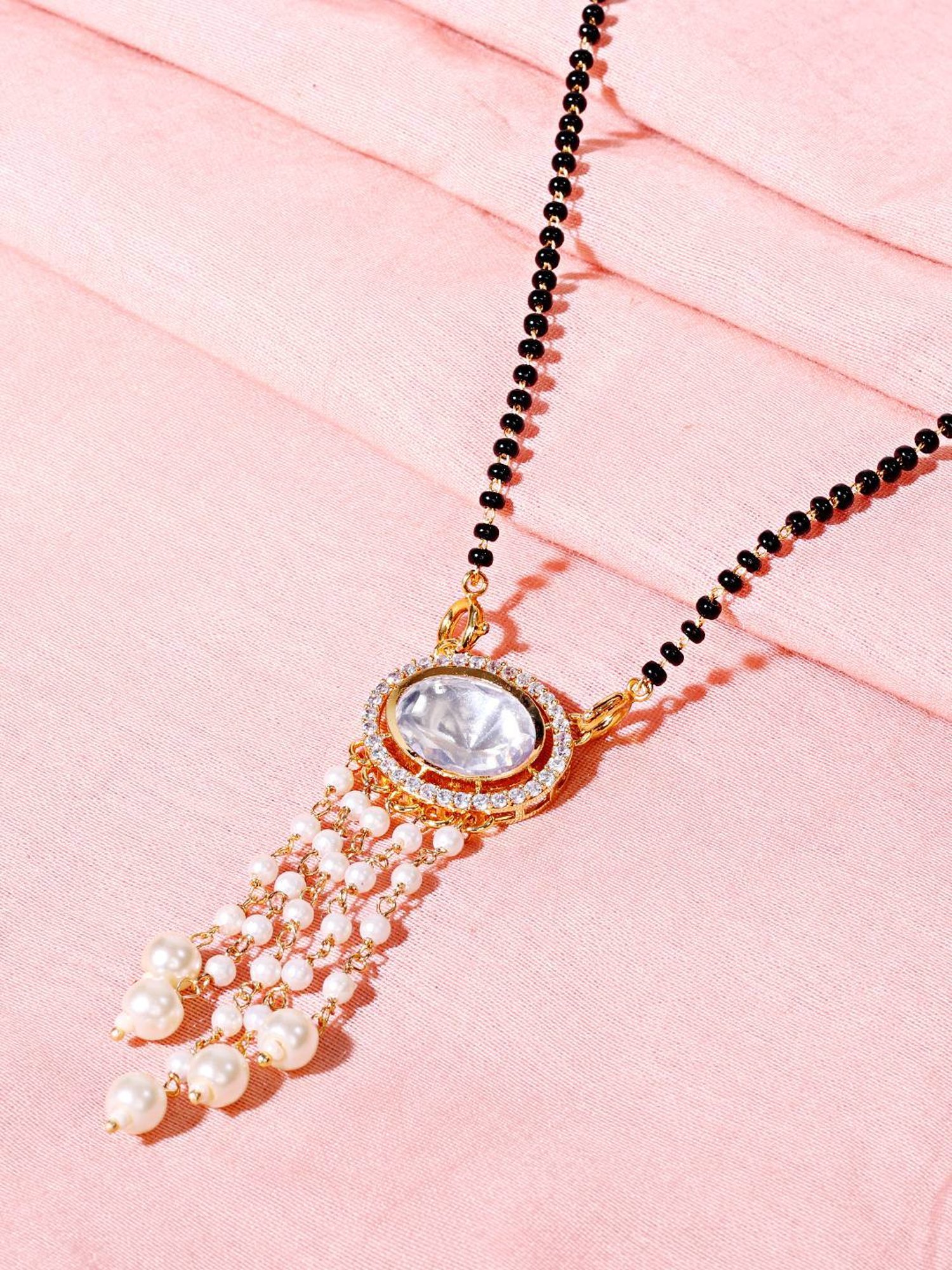 Abdesigns Gold-Plated American Diamond & Black Beaded Mangalsutra