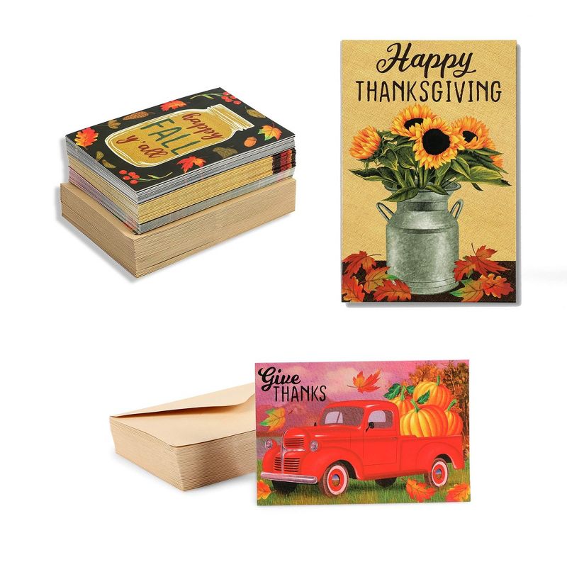 48-Pack Happy Thanksgiving Cards with Kraft Envelopes (4x6, 3 Fall Designs)