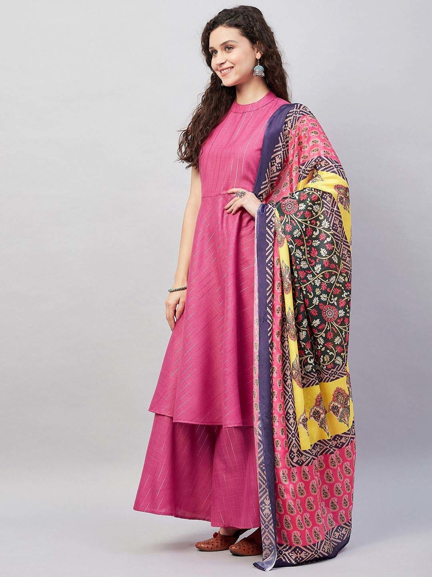 Inweave Pink & Yellow Printed Dupatta