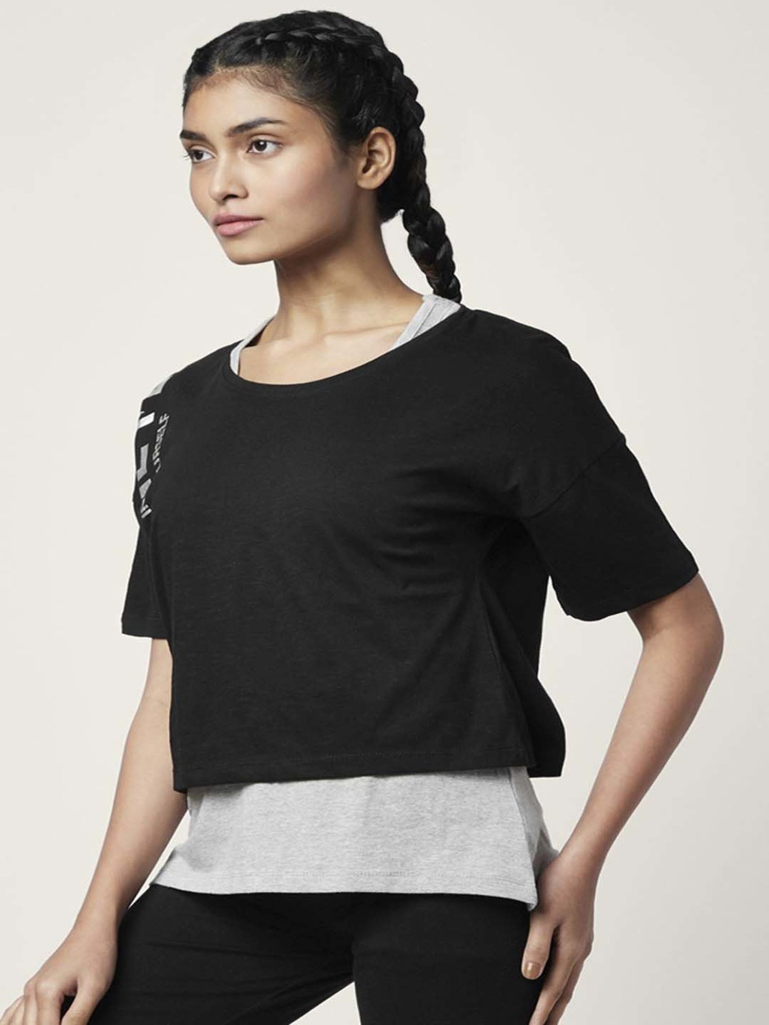 Ajile by Pantaloons Black & Grey Cotton Graphic Print Sports Top With Tank Top