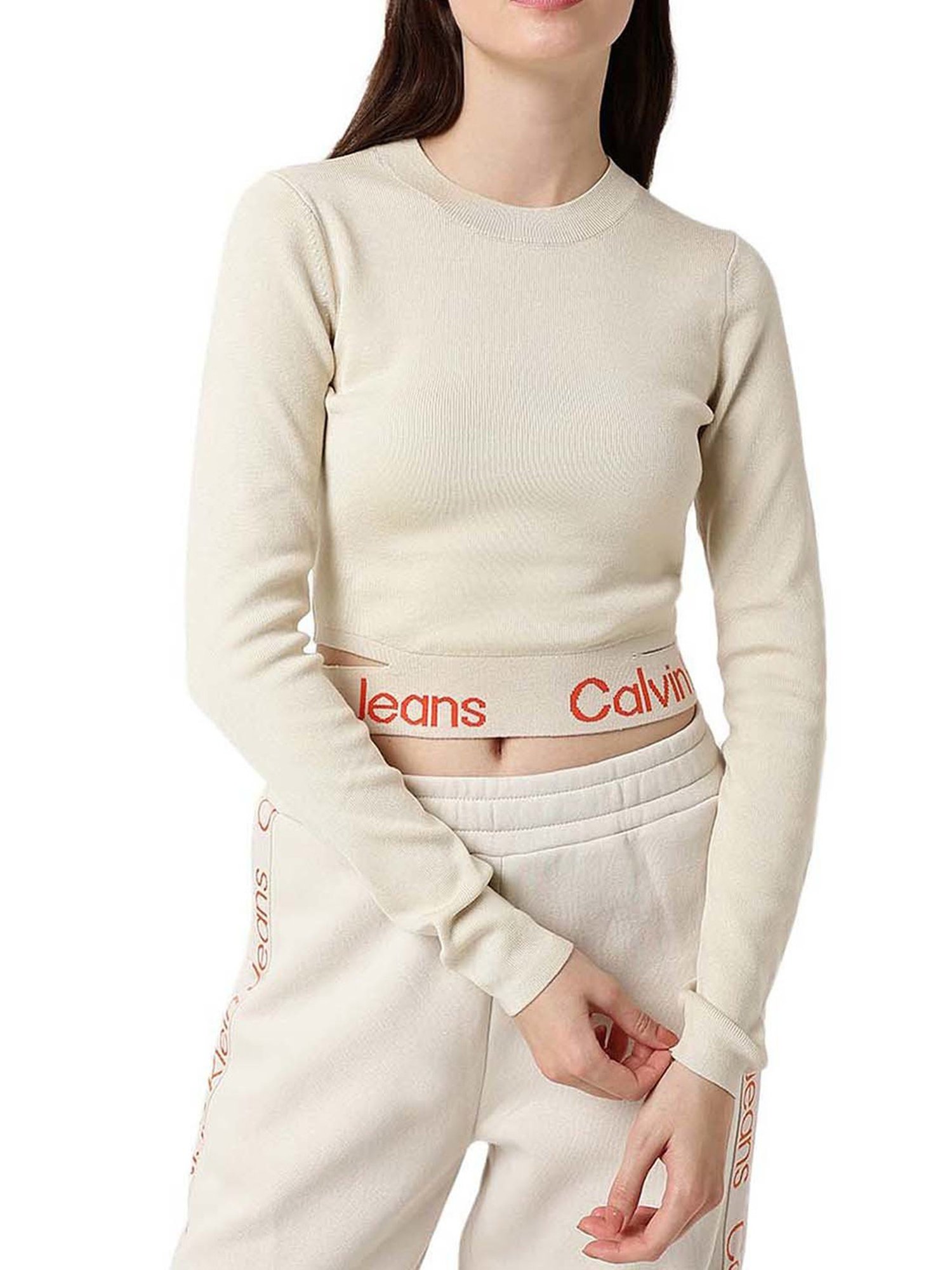 Calvin Klein Jeans Eggshell & Coral Orange Logo Comfort Fit Sweater