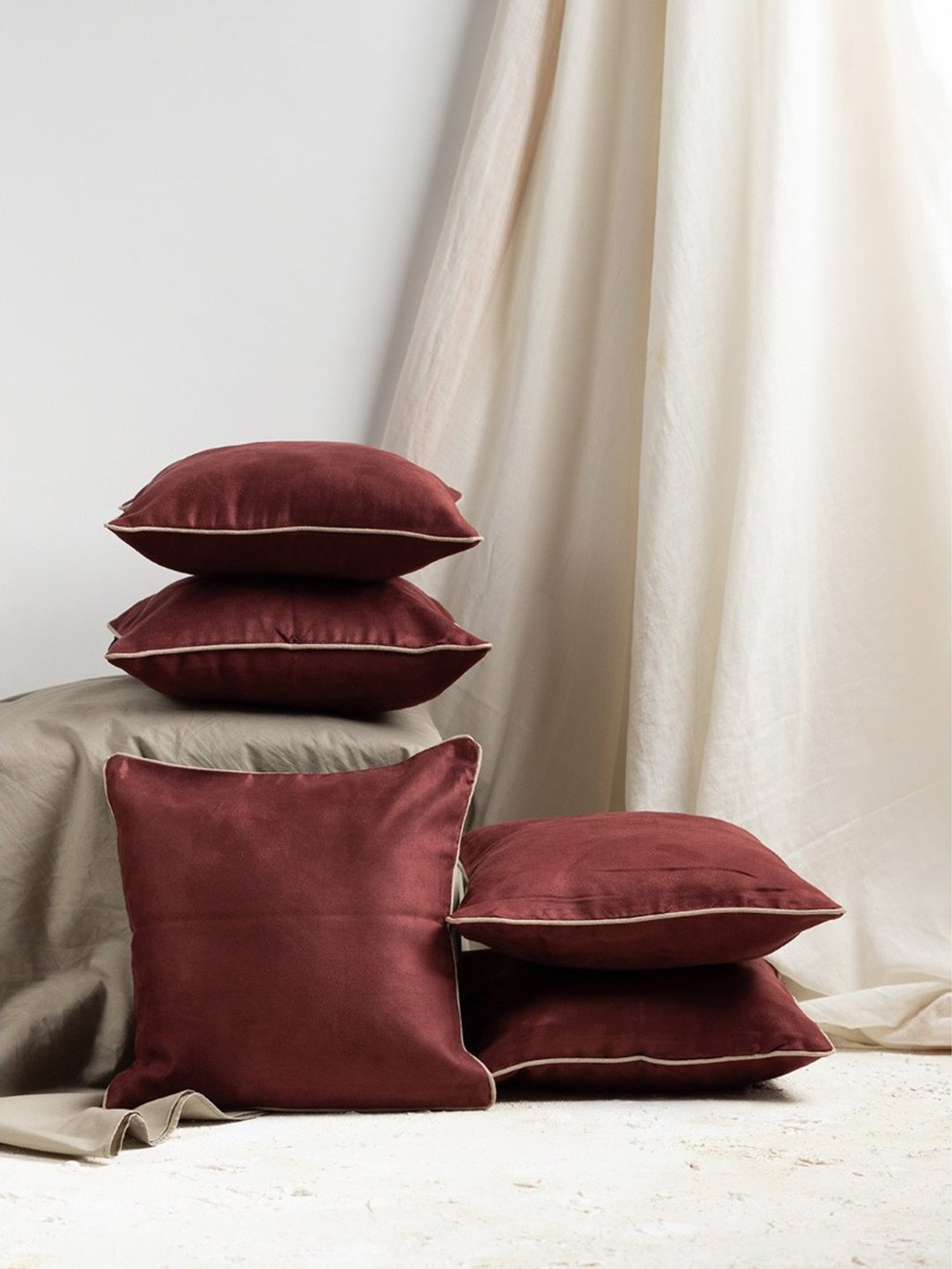 Nestroots Solid Maroon Faux Suede Cushion Covers - Set of 5