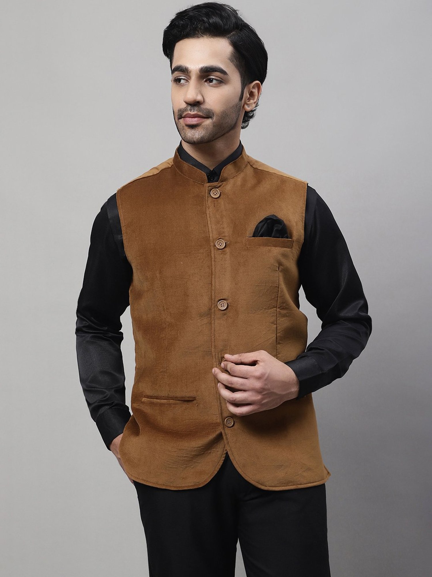 Even Brown Regular Fit Mandarin Collar Nehru Jacket