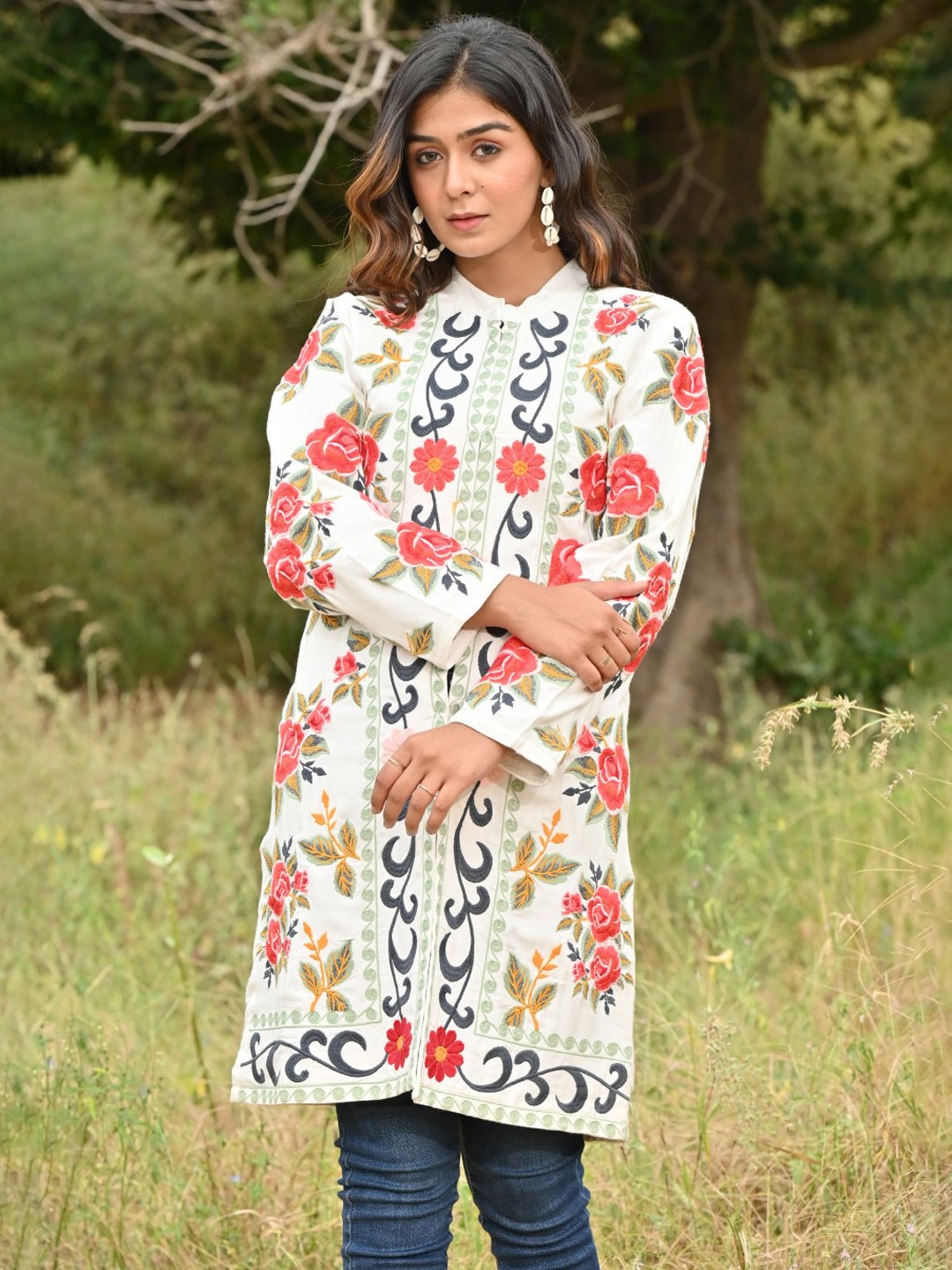 Zolo Label White Cotton Embroidered Jacket