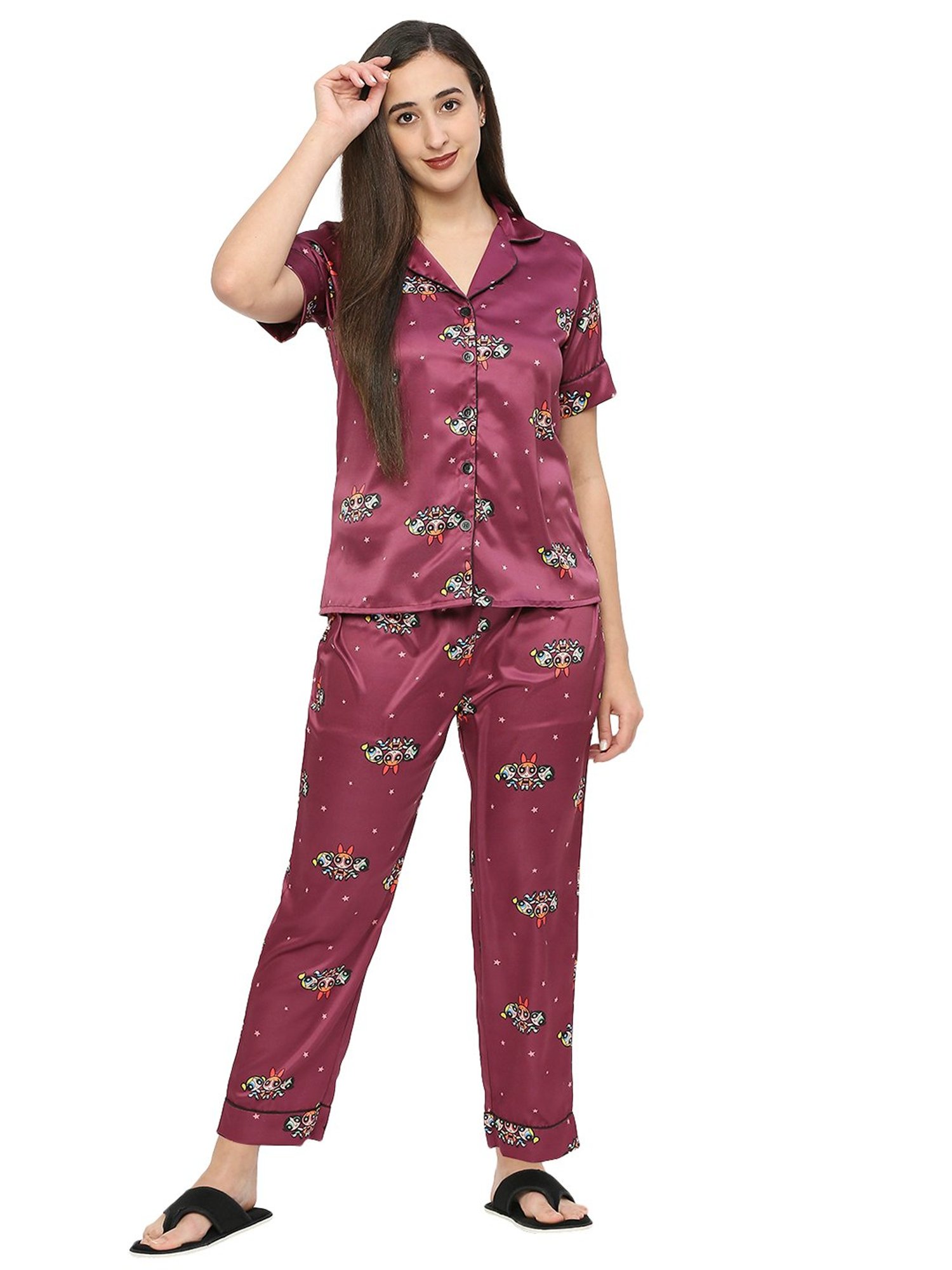 Smarty Pants Maroon Satin Print Shirt With Pyjamas