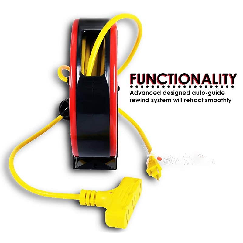 PRO Mini Extension Cord Reel Retractable Heavy Duty Industrial Steel Long 30 FT 16AWG SJTW Commercial Cable S3 Triple Tap Connector with Mounting Bracket Perfect for Indoor Use