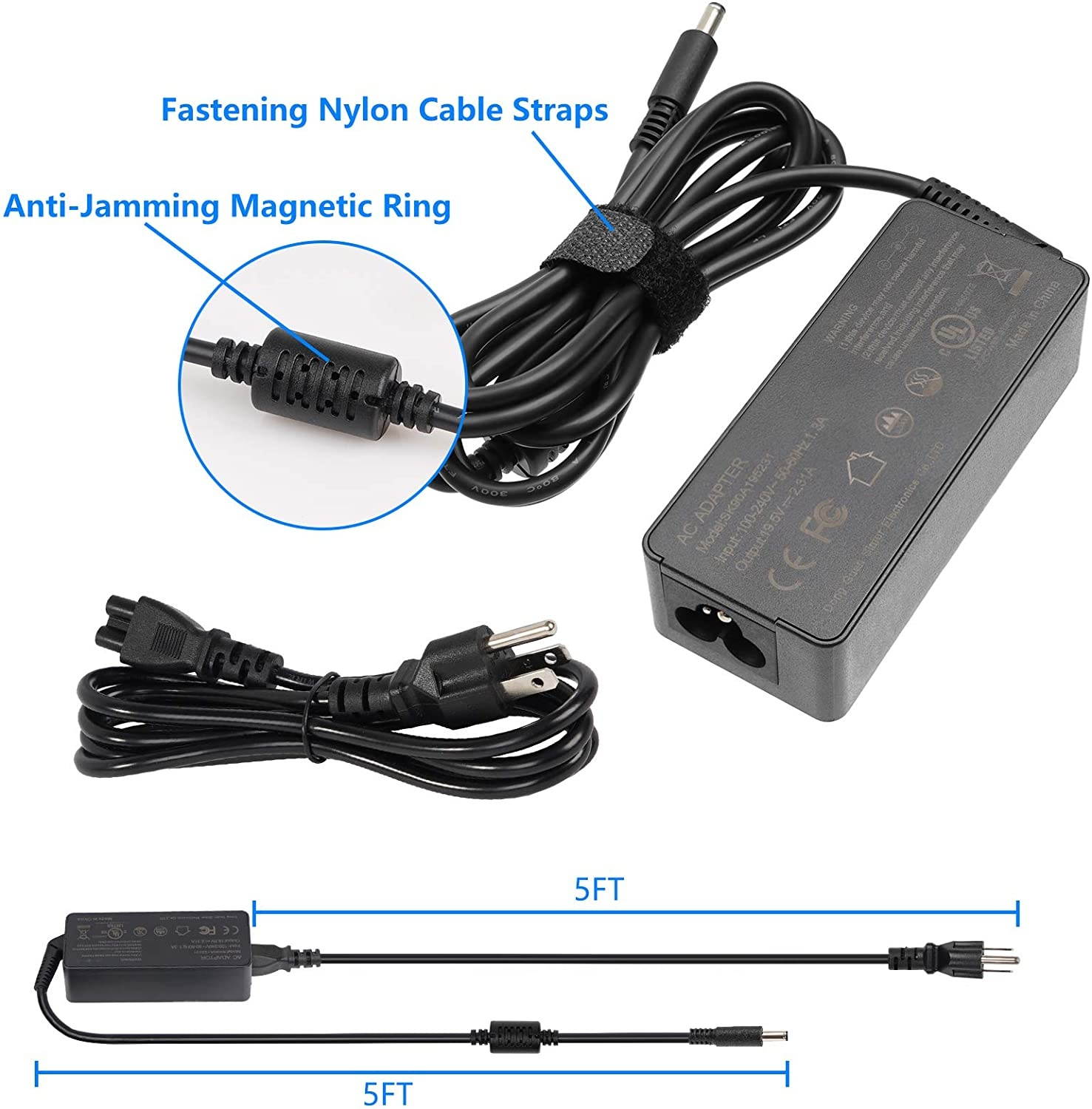 [UL Listed] 45W AC Adapter Charger 19.5V 2.31A for Dell Inspiron 11 13 14 15, XPS 11 12 13 9350 9333 Laptop Power Cord Supply