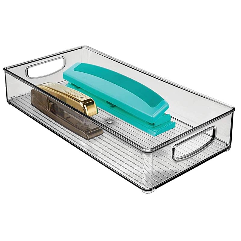 Plastic Storage Bin with Handles for Office Desk Book Shelf Filing Cabinet Organizer for Sticky Notes Pens Notepads Pencils Supplies BPA Free 16 Deep 4 Long Smoke Gray