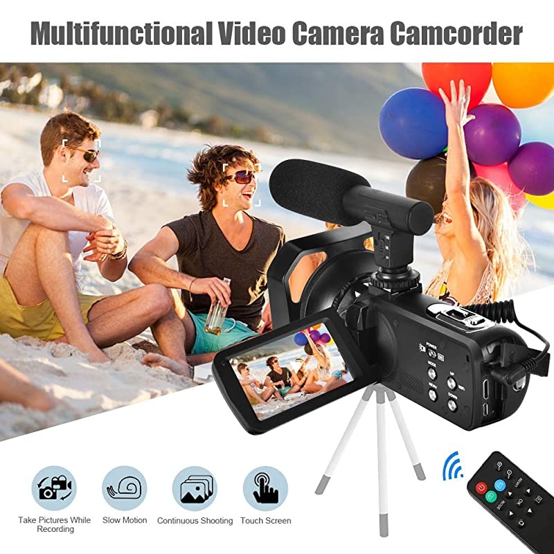Camera Camcorder Vlogging Camera for Youtube Full HD 2.7K 30FPS 30 MP IR Night Vision 3 Inch Touch Screen Time-Lapse Camcorder with Microphone Remote Control Lens Hood and 2 Batteries