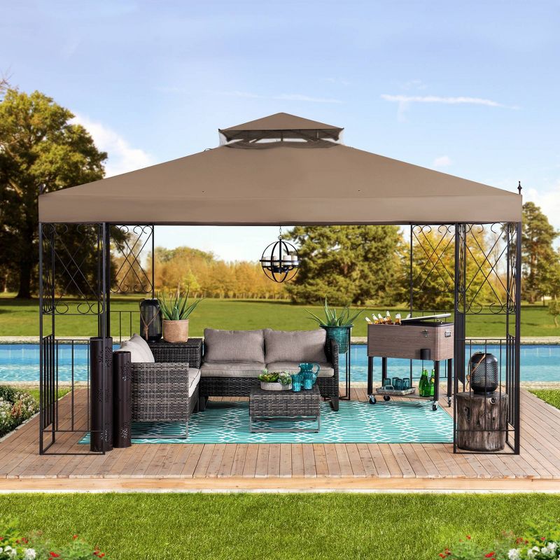 Woodstock 10' x 12' Two-Tier Hardtop Vented Patio Gazebo Khaki - Sunjoy