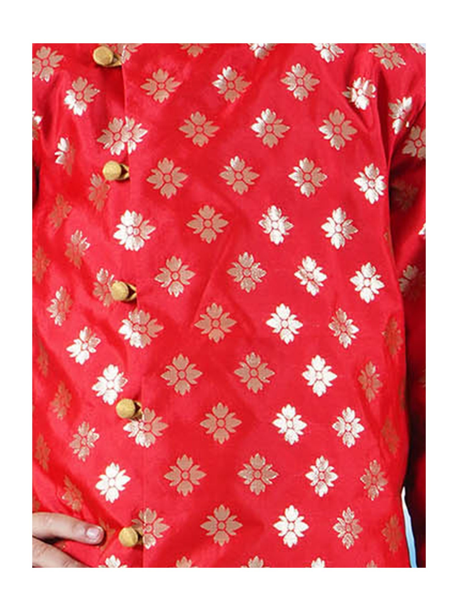 Little Bansi Kids Red & Gold Self Design Full Sleeves Sherwani with Dhoti