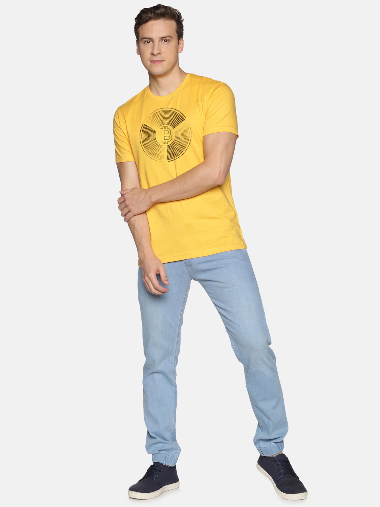 BLACK RADIO Yellow Slim Fit Printed Cotton Crew T-Shirt