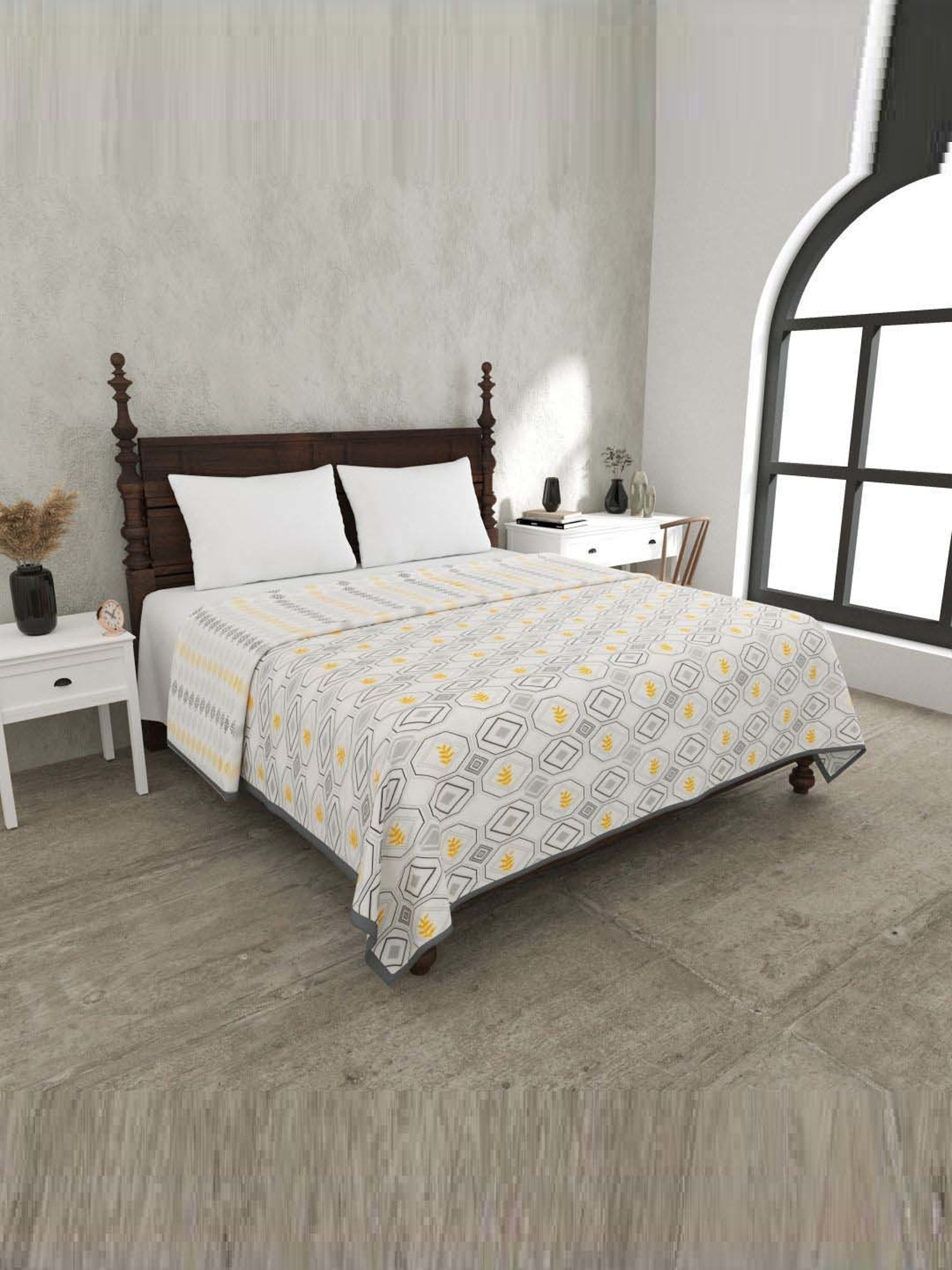 Haus & Kinder Cambric Floral Green & Yellow Cotton Single Reversible Dohar