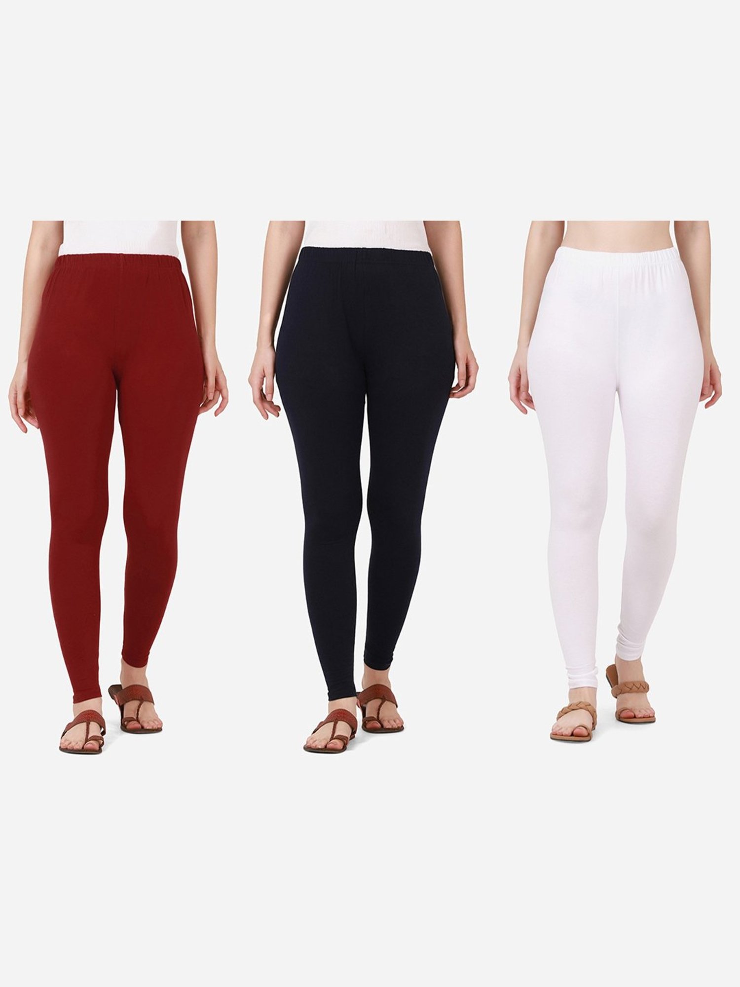BUYNEWTREND Maroon & Navy Cotton Leggings - Pack Of 3