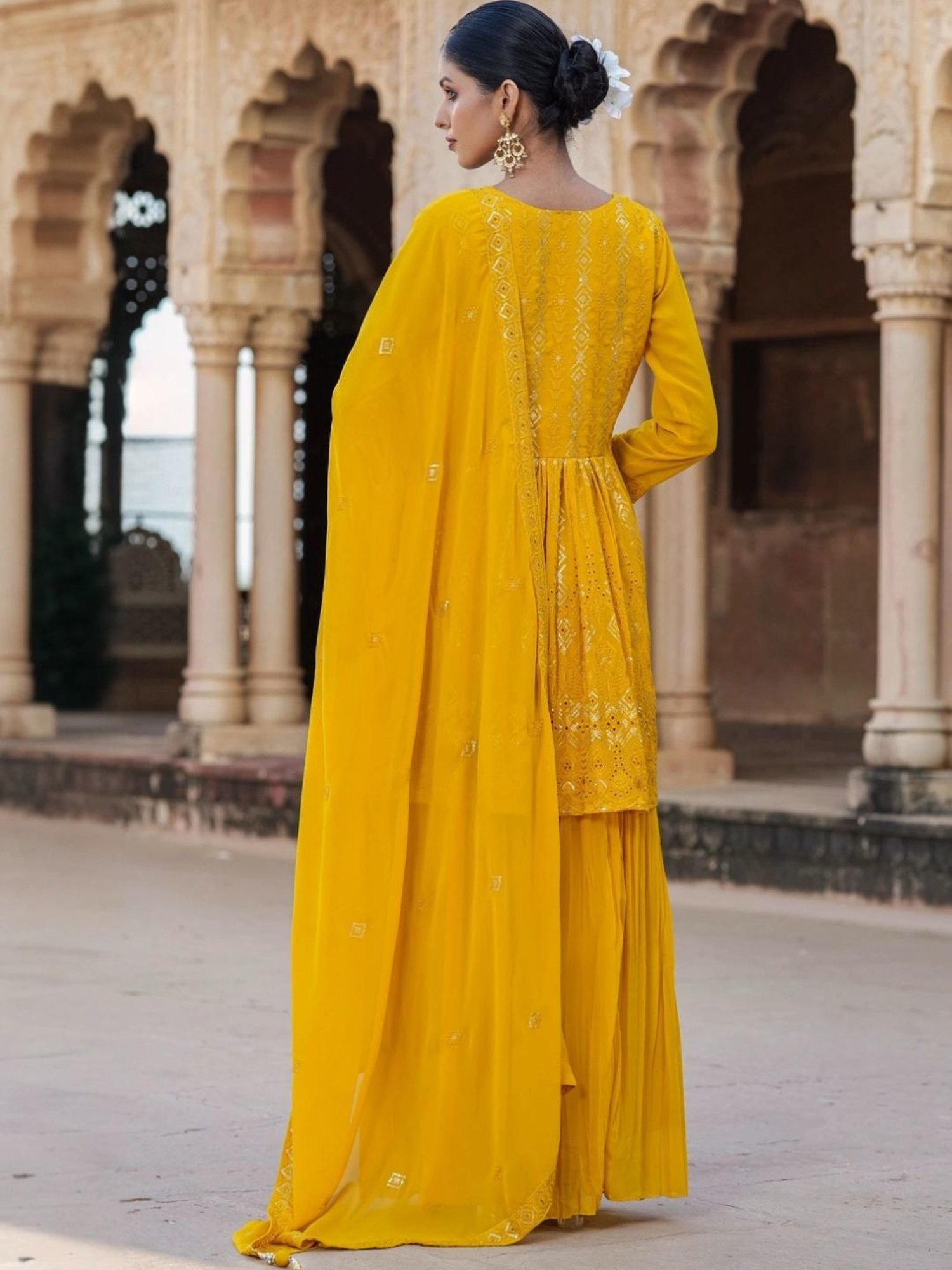 Scakhi Mustard Georgette Sequin Embroidered Suit Set Tunic With Palazzo And Dupatta