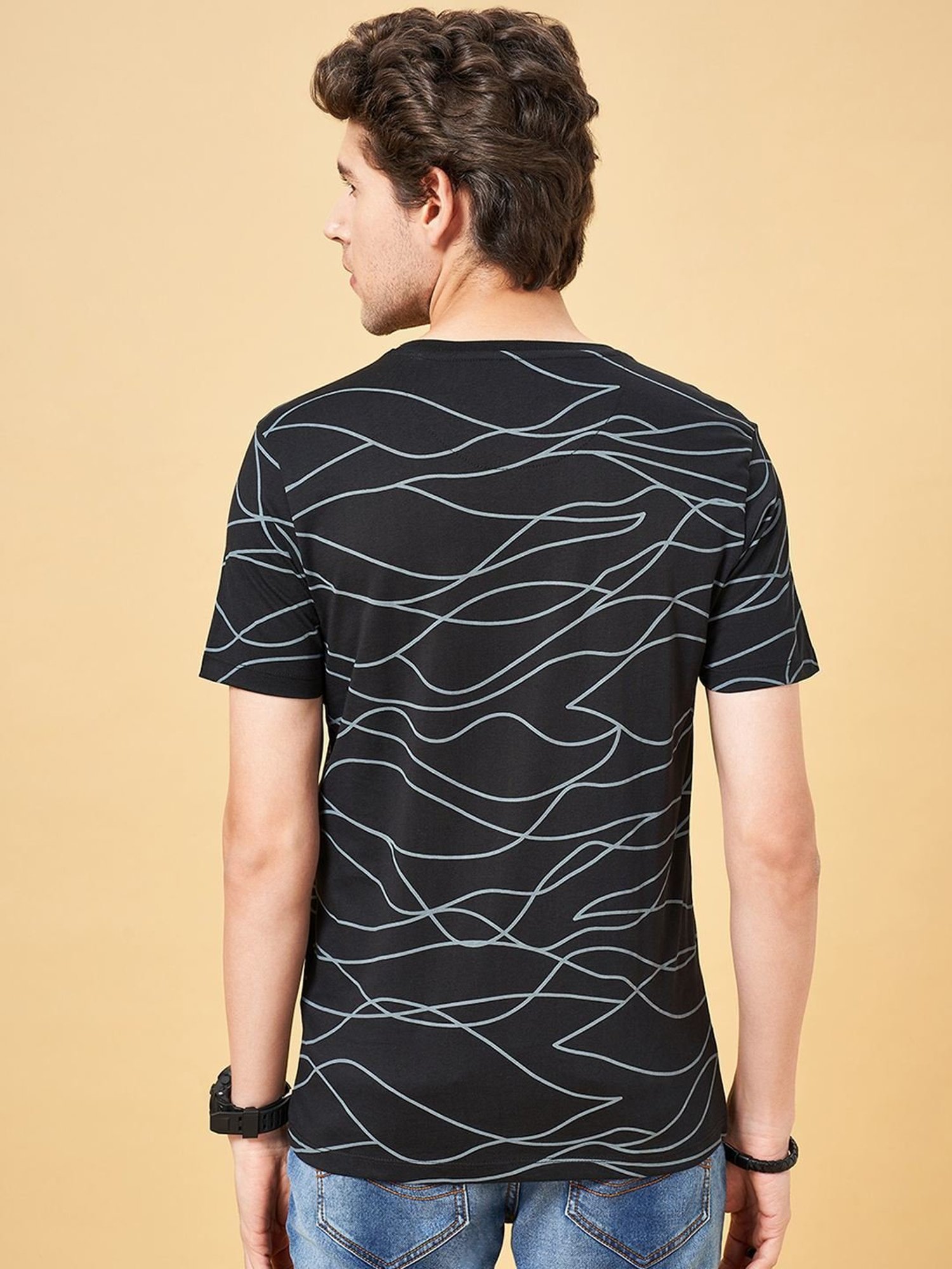 SF Jeans by Pantaloons Jet Black Cotton Slim Fit Printed T-Shirt