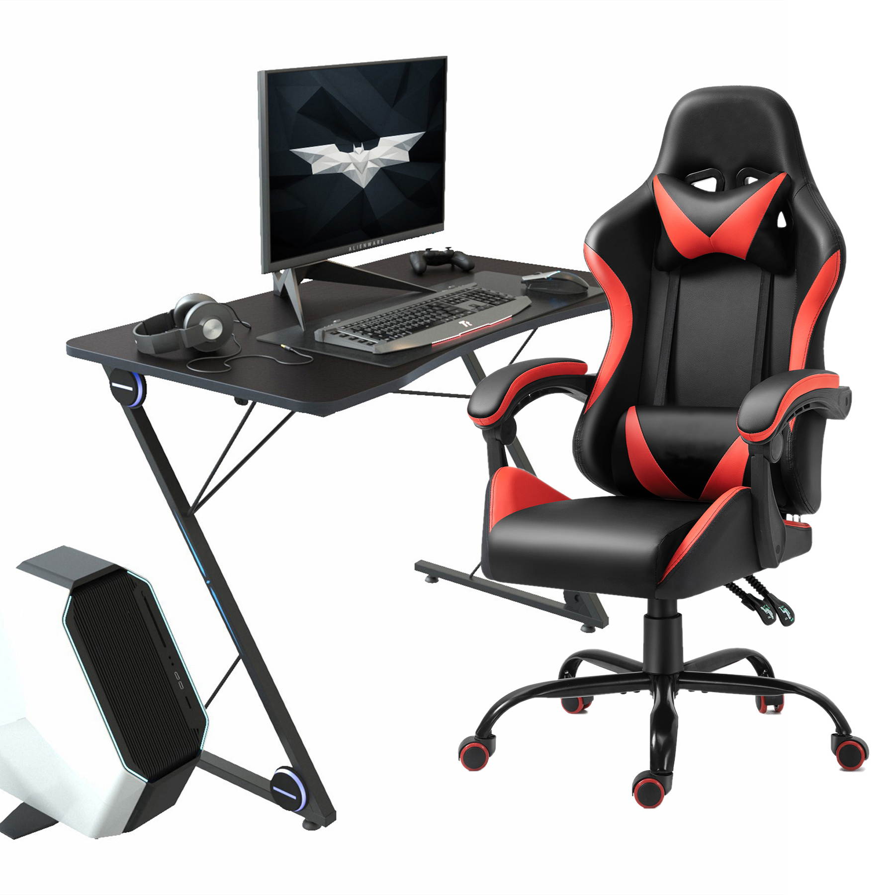 43.3 Inch Gaming Desk with Red PU Leather Gaming Chair Ergonomic Home Office Desk and Chair Set Z-Shaped E-Sport Gamer Workstation with LED Lights Carbon Fiber Surface and Cup Holder