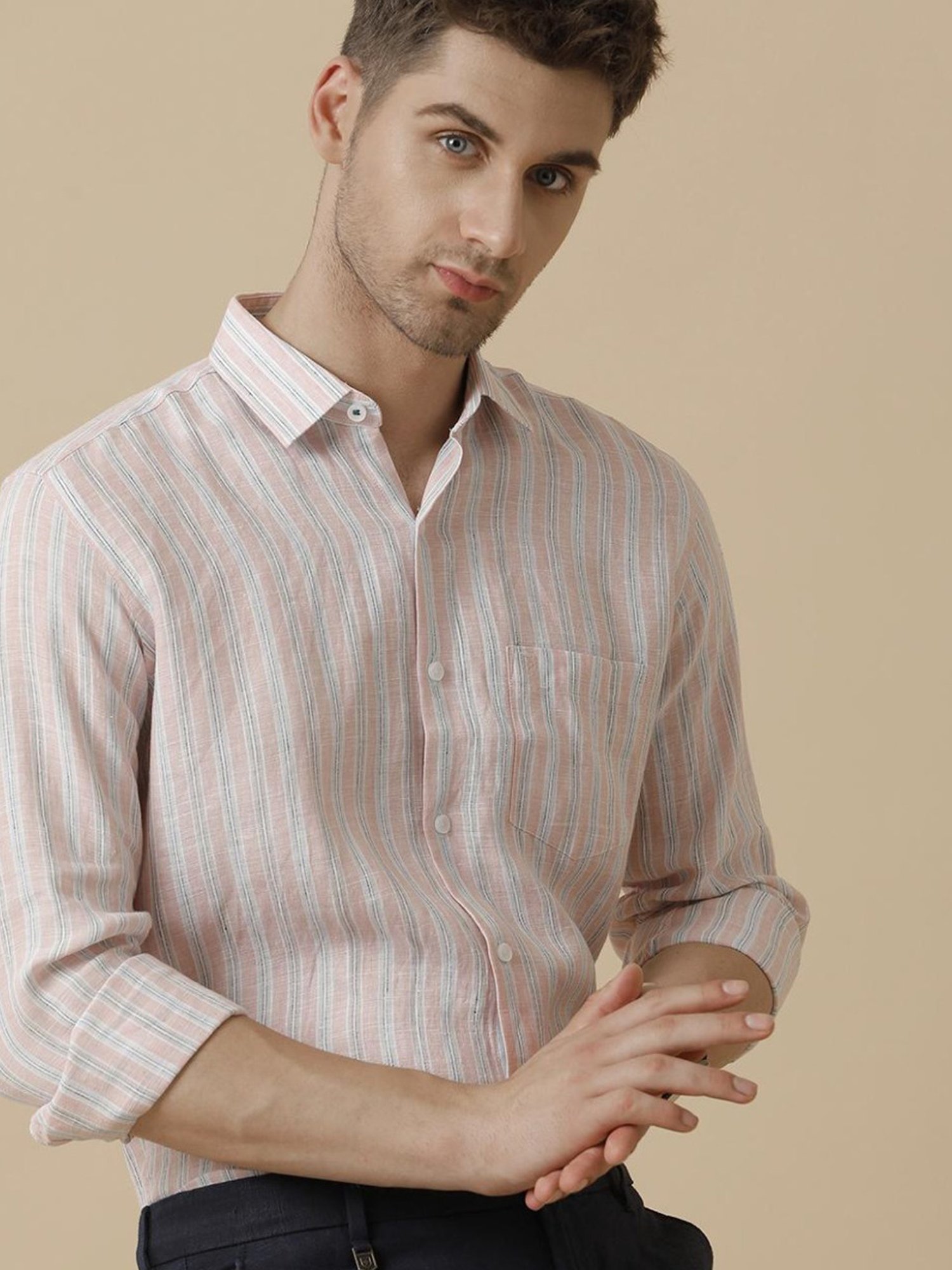 Linen Club Pink Linen Contemporary Fit Striped Shirt