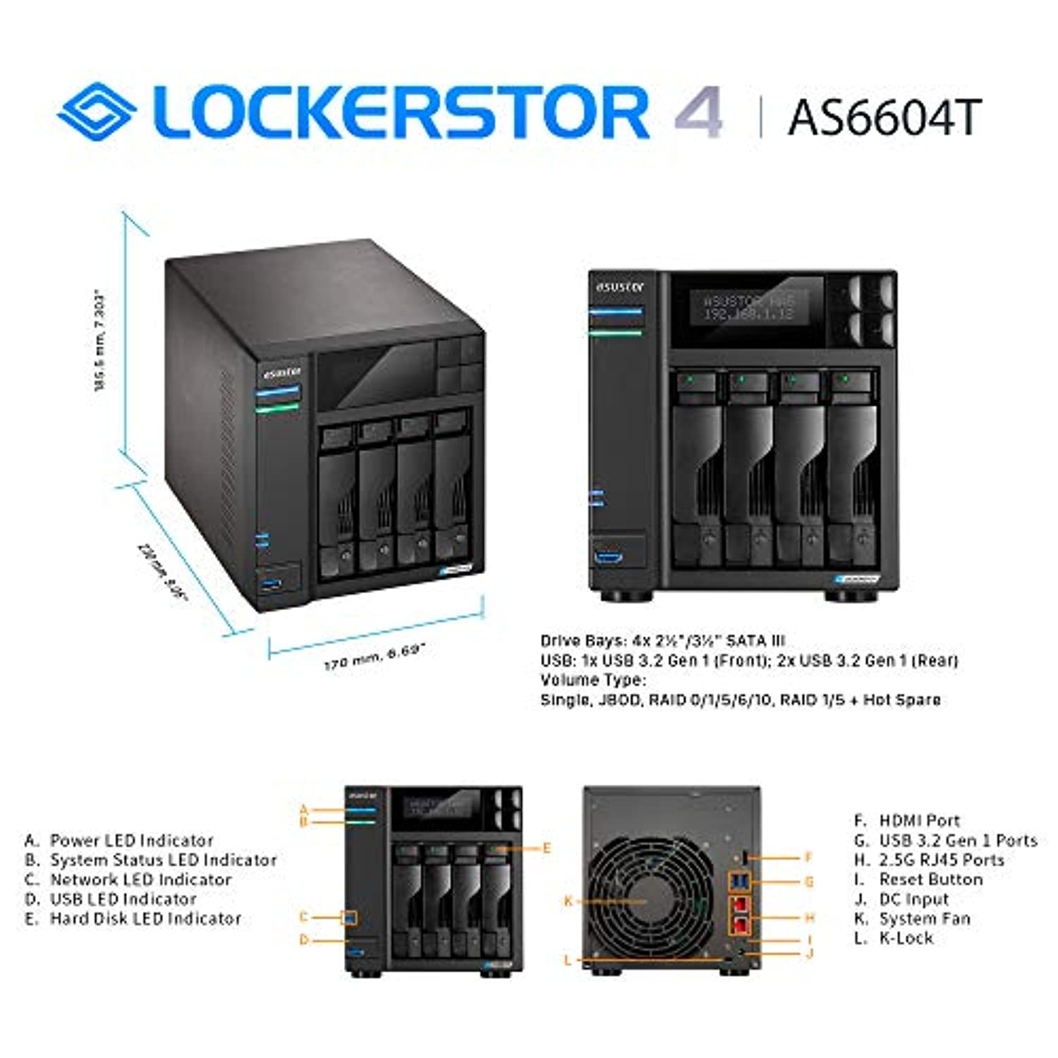 Asustor Lockerstor 4 AS6604T - 4 Bay NAS, Quad-Core 2.0GHz CPU, 2 2.5GbE Ports, 4GB RAM DDR4, 2 M.2 SSD Slots, Network Attached Storage (Diskless) (AS6604T)