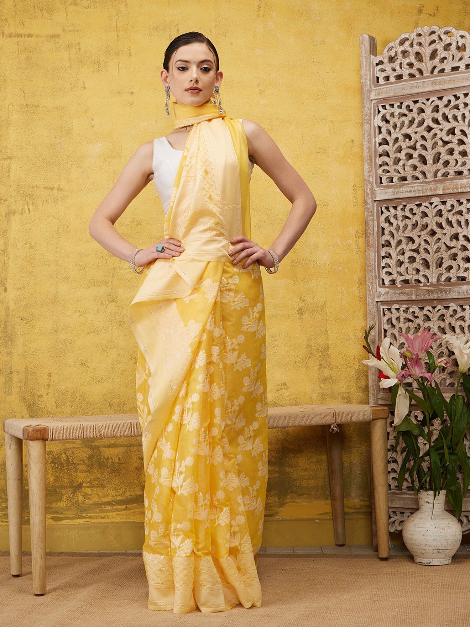 Silk Land Yellow Floral Print Saree With Blouse