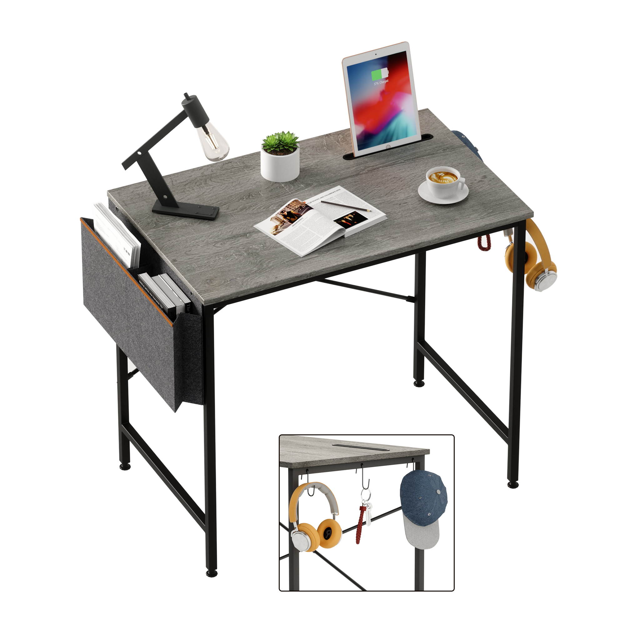 Bestier Computer Desk 47 Inch Office Desk Study Writing Desk, Simple Modern Style Laptop Table with Storage Bag & 3 Little Hook, Retro Gray Top